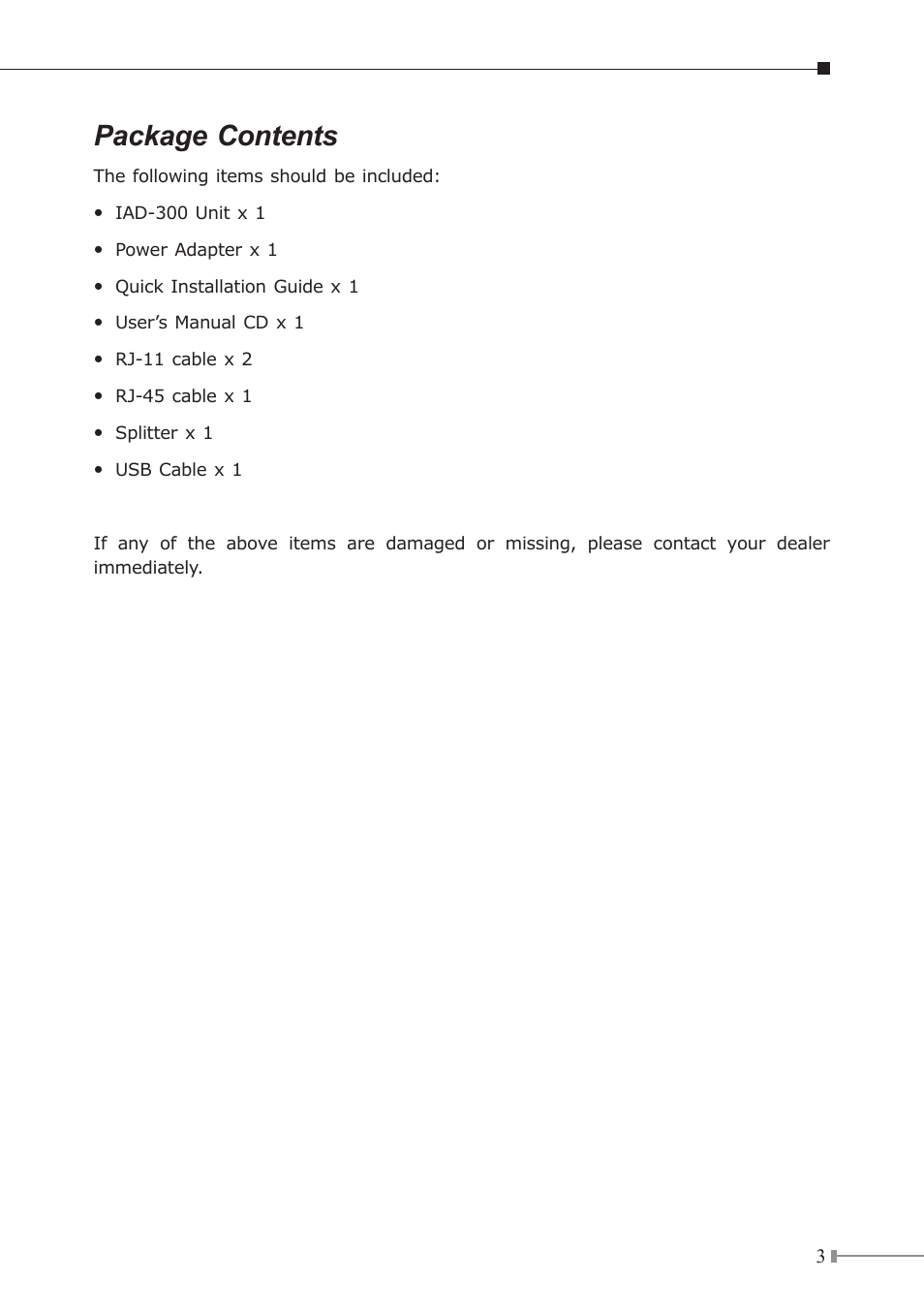 Package contents | Planet Technology IAD-300 User Manual | Page 3 / 12