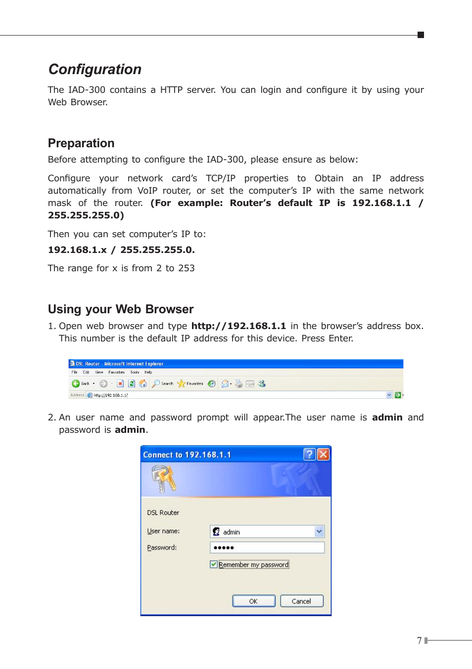 Configuration, Preparation, Using your web browser | Planet Technology IAD-300 User Manual | Page 7 / 12
