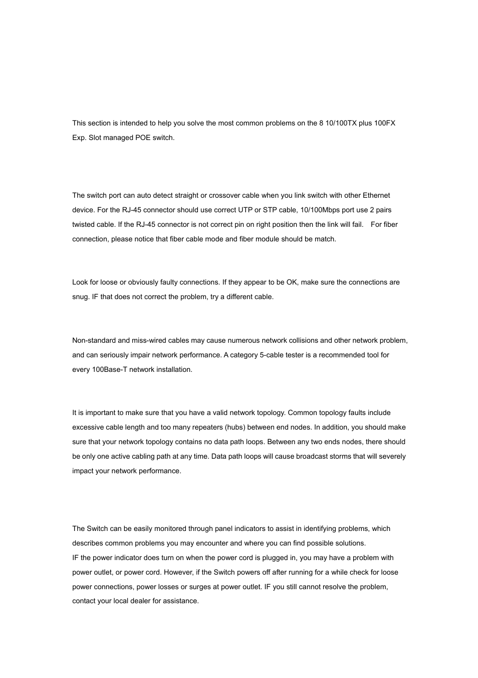 Troubleshooting, 1 incorrect connections, 1 faulty or loose cables | 2 non-standard cables, 3 improper network topologies, 2 diagnosing led indicators | Planet Technology WGSW-2620P User Manual | Page 128 / 131