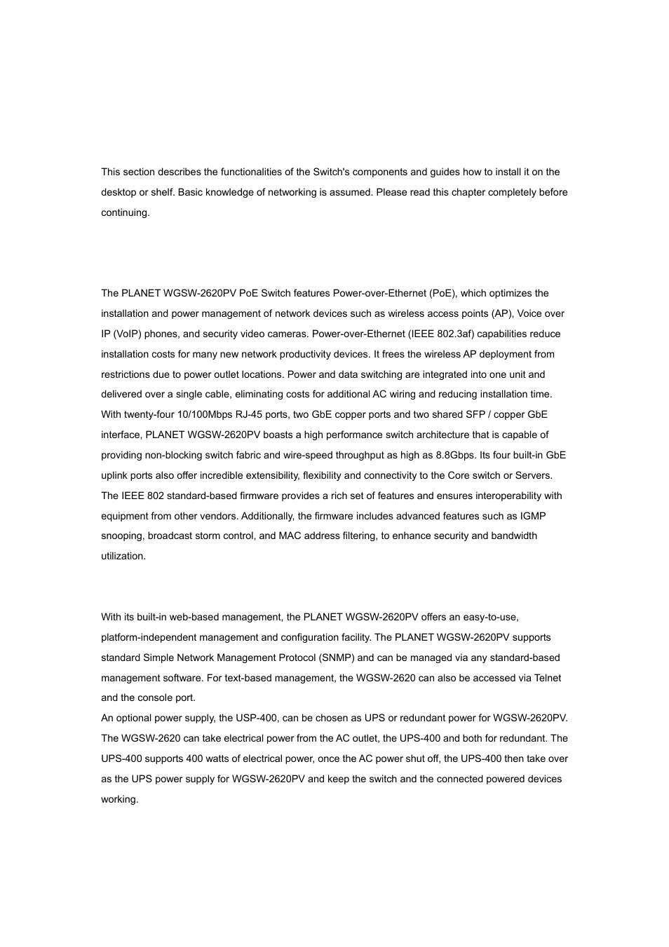 Installation, 1 product description, 1 product overview | Planet Technology WGSW-2620P User Manual | Page 8 / 131