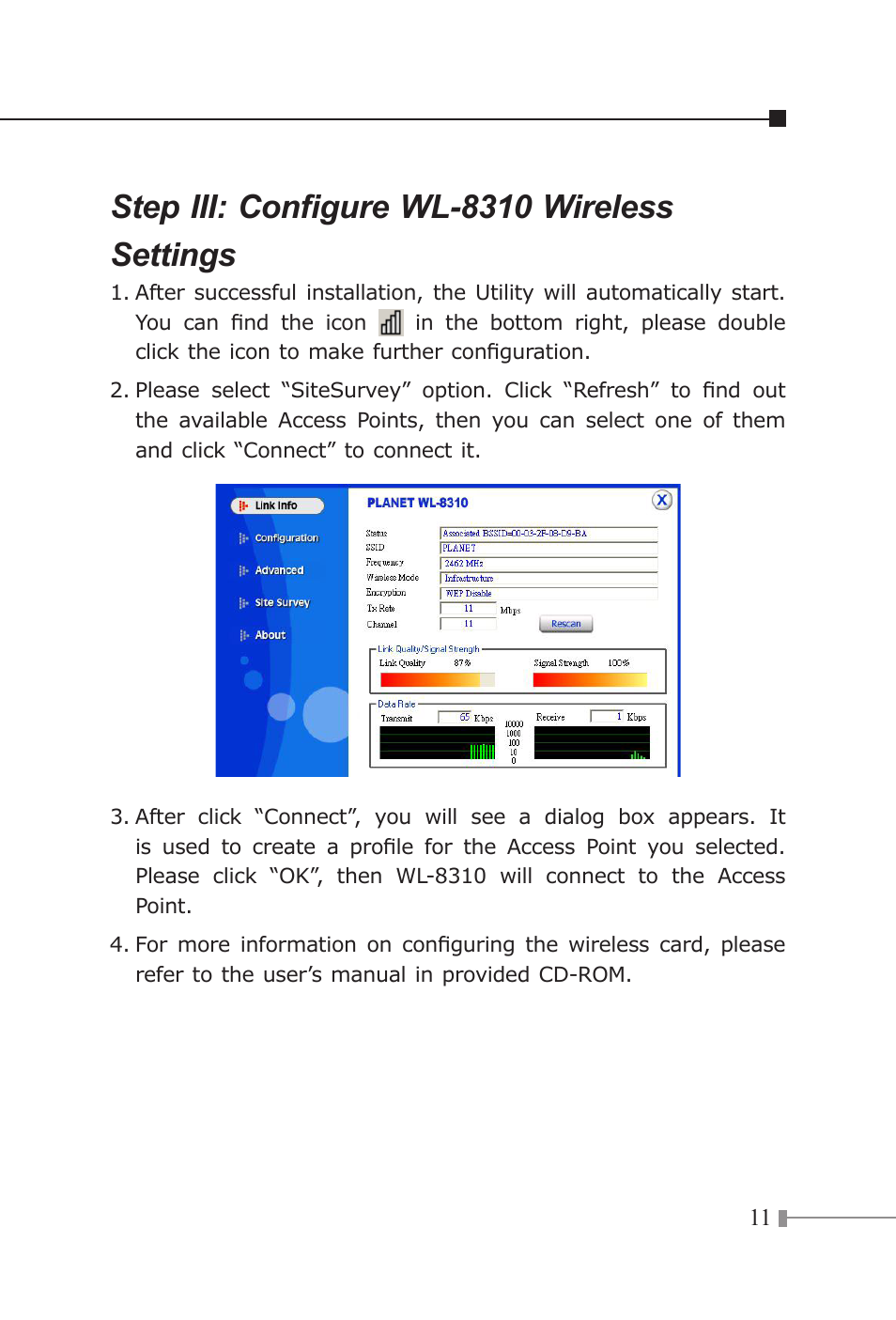 Step iii: configure wl-8310 wireless settings | Planet Technology 802.11g Wireless PCI Card WL-8310 User Manual | Page 11 / 12