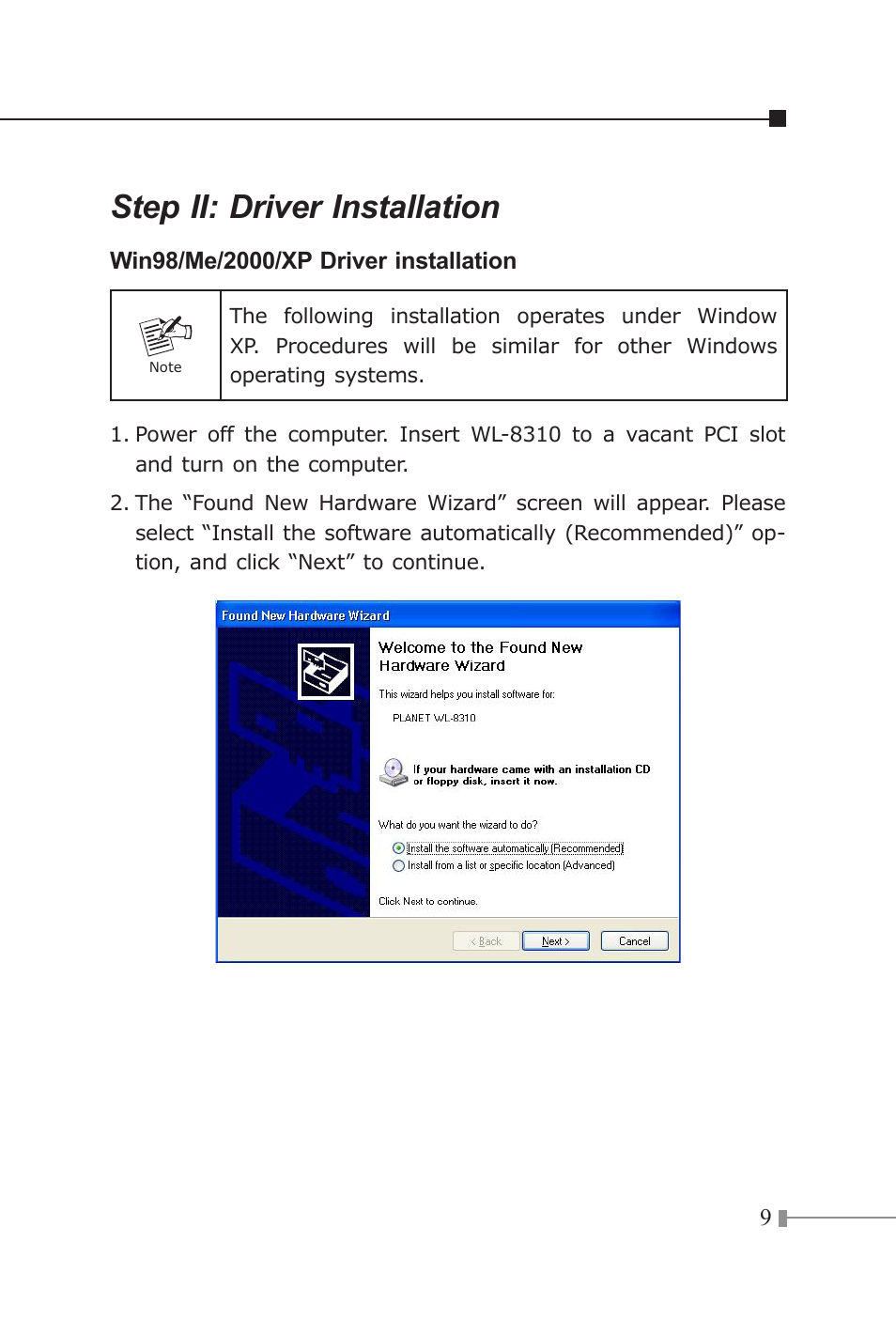 Step ii: driver installation | Planet Technology 802.11g Wireless PCI Card WL-8310 User Manual | Page 9 / 12