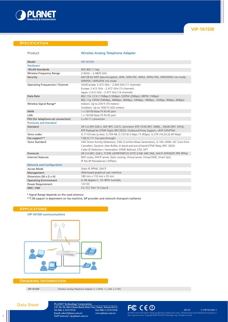 Vip-161sw, Specification applications ordering information, Data sheet | Planet Technology VIP-161SW User Manual | Page 2 / 2