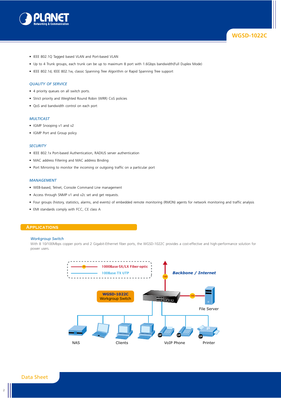 Wgsd-1022c, Data sheet, Applications | Planet Technology WGSD-1022C User Manual | Page 2 / 5