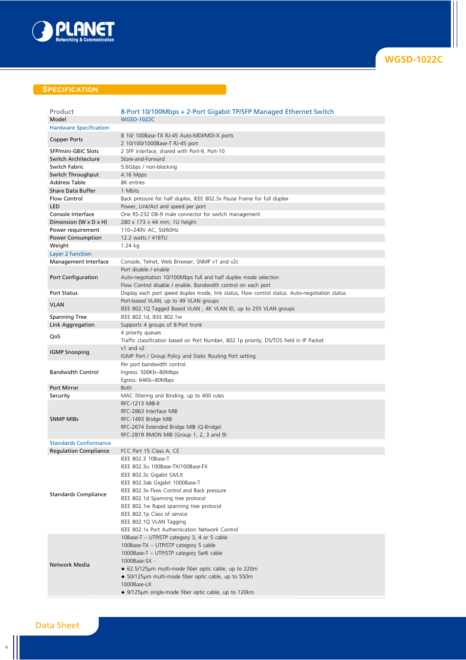 Wgsd-1022c, Data sheet, Specification | Planet Technology WGSD-1022C User Manual | Page 4 / 5