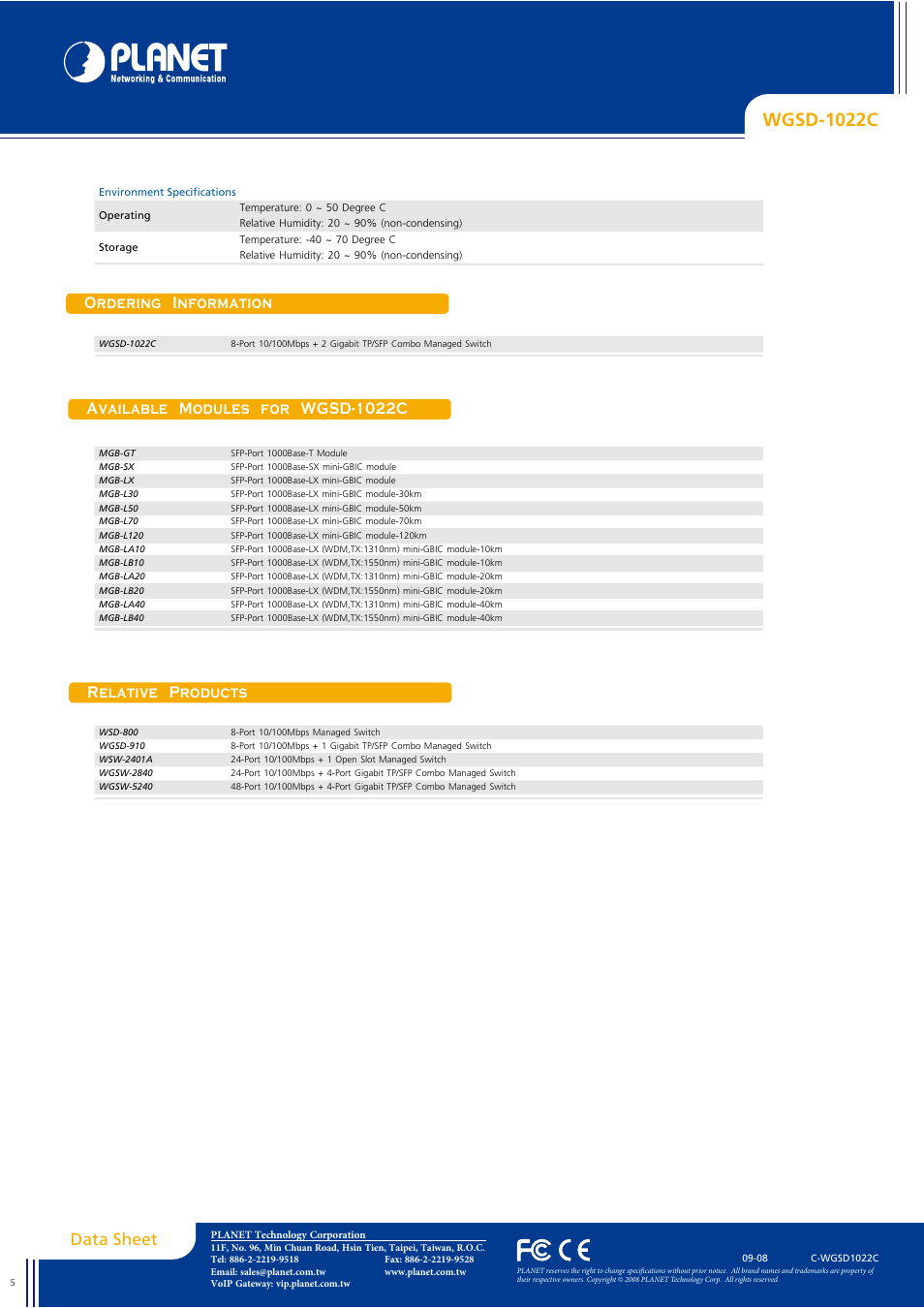 Wgsd-1022c, Data sheet, Ordering information | Available modules for wgsd-1022c, Relative products | Planet Technology WGSD-1022C User Manual | Page 5 / 5