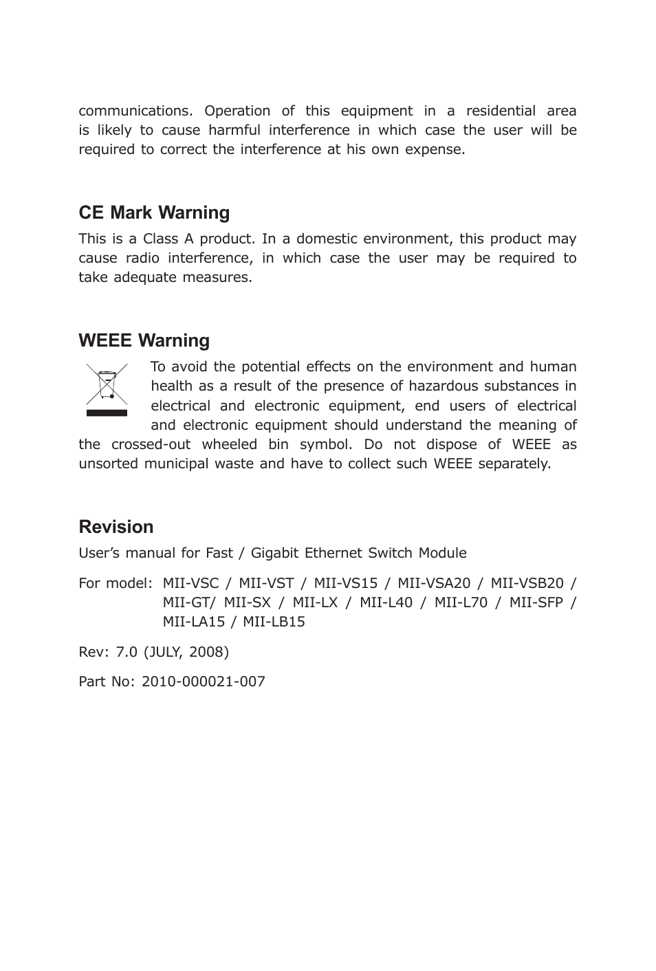 Ce mark warning, Weee warning, Revision | Planet Technology MII Series User Manual | Page 3 / 16