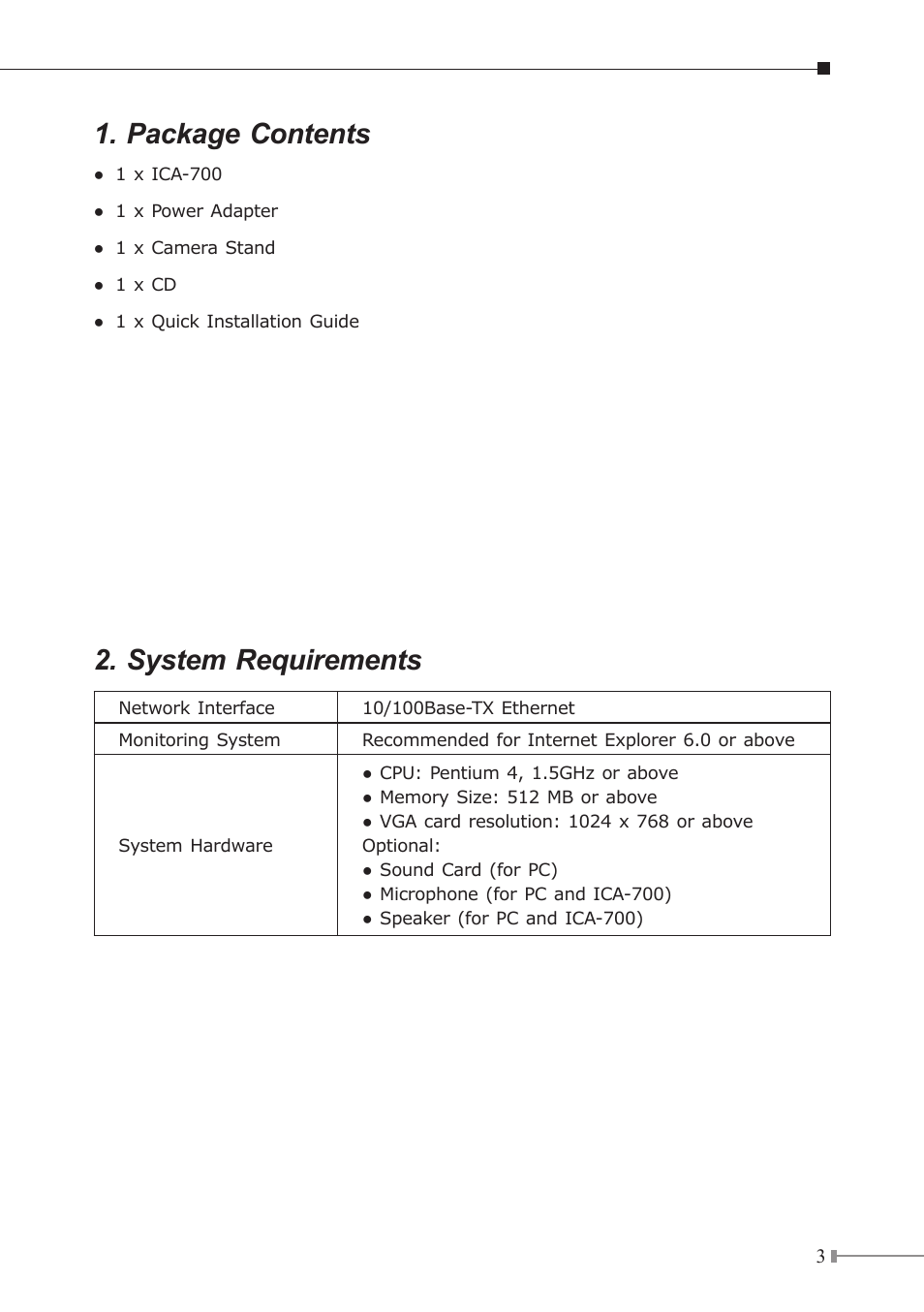 Package contents, System requirements | Planet Technology CCD Box PoE Internet Camera ICA-700 User Manual | Page 3 / 20