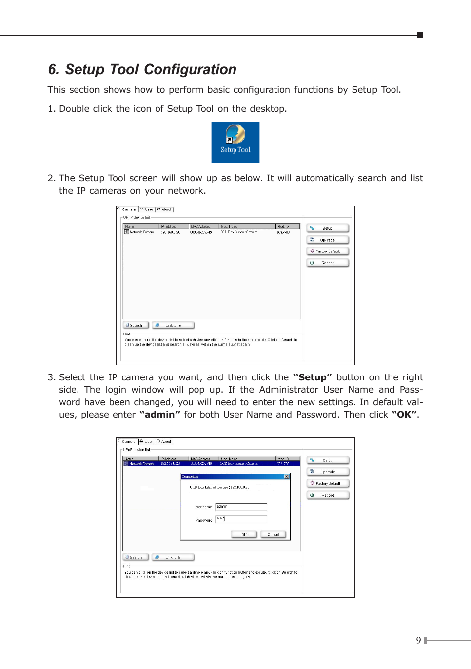 Setup tool configuration | Planet Technology CCD Box PoE Internet Camera ICA-700 User Manual | Page 9 / 20