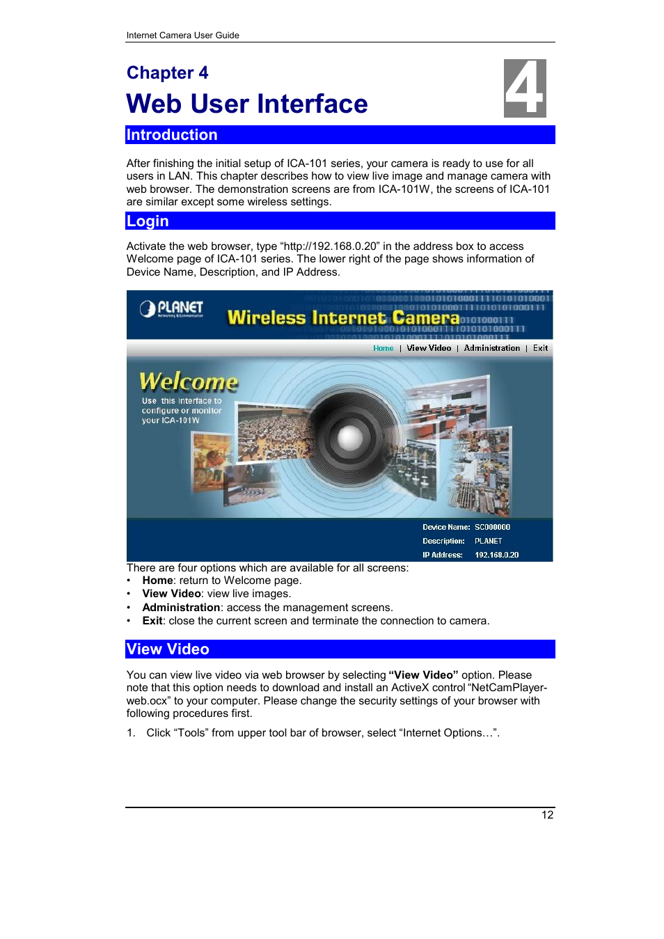 Chapter 4 web user interface, Introduction, Login | View video, Web user interface | Planet Technology ICA-101 User Manual | Page 15 / 39