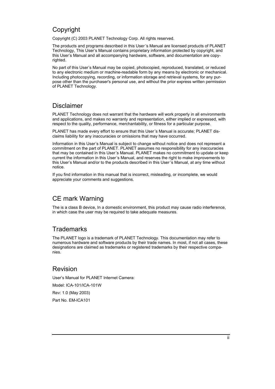 Copyright, Disclaimer, Ce mark warning | Trademarks, Revision | Planet Technology ICA-101 User Manual | Page 2 / 39