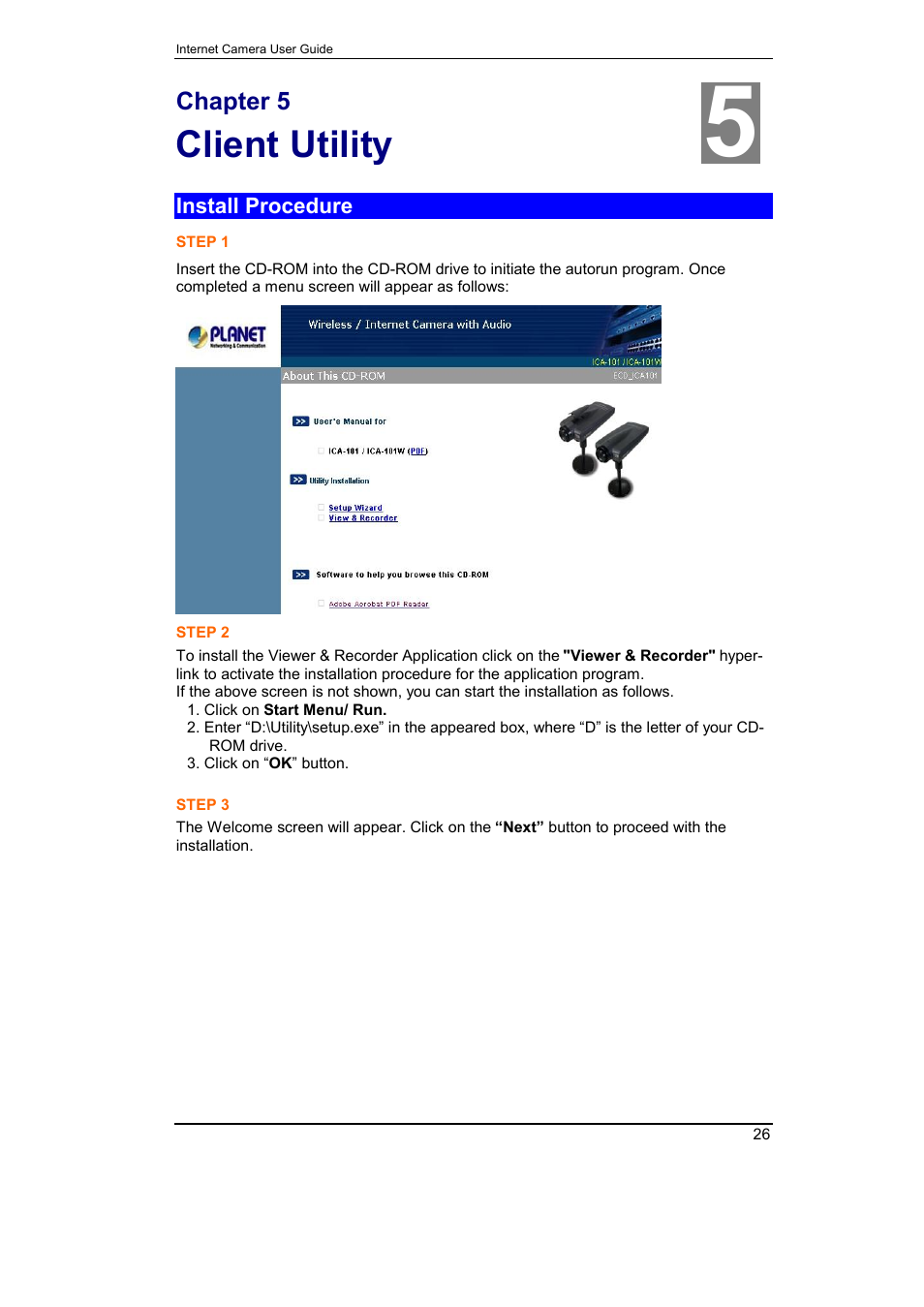 Chapter 5 client utility, Install procedure, Client utility | Planet Technology ICA-101 User Manual | Page 29 / 39