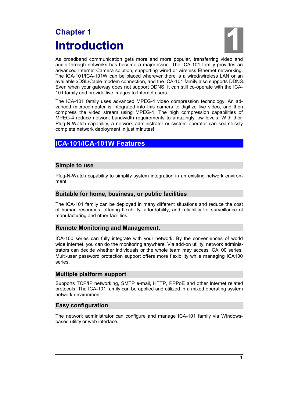 Chapter 1 introduction, Ica-101/ica-101w features, Introduction | Planet Technology ICA-101 User Manual | Page 4 / 39