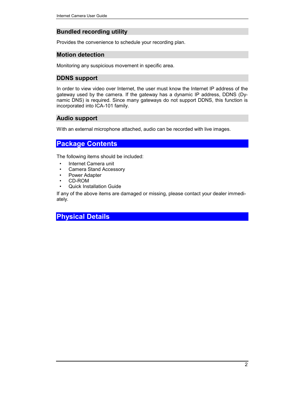 Package contents, Physical details | Planet Technology ICA-101 User Manual | Page 5 / 39