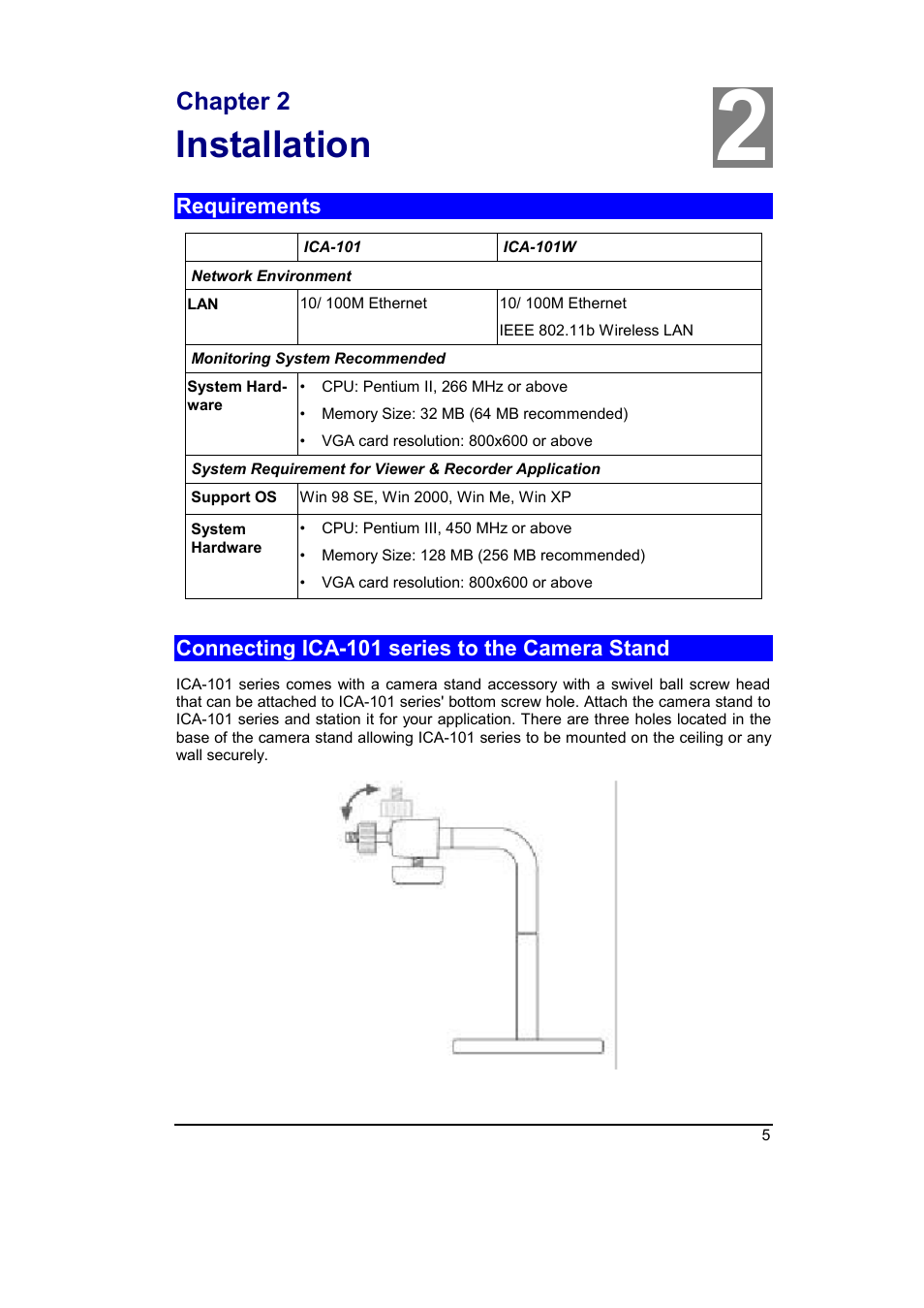 Chapter 2 installation, Requirements, Connecting ica-101 series to the camera stand | Installation, Chapter 2 | Planet Technology ICA-101 User Manual | Page 8 / 39