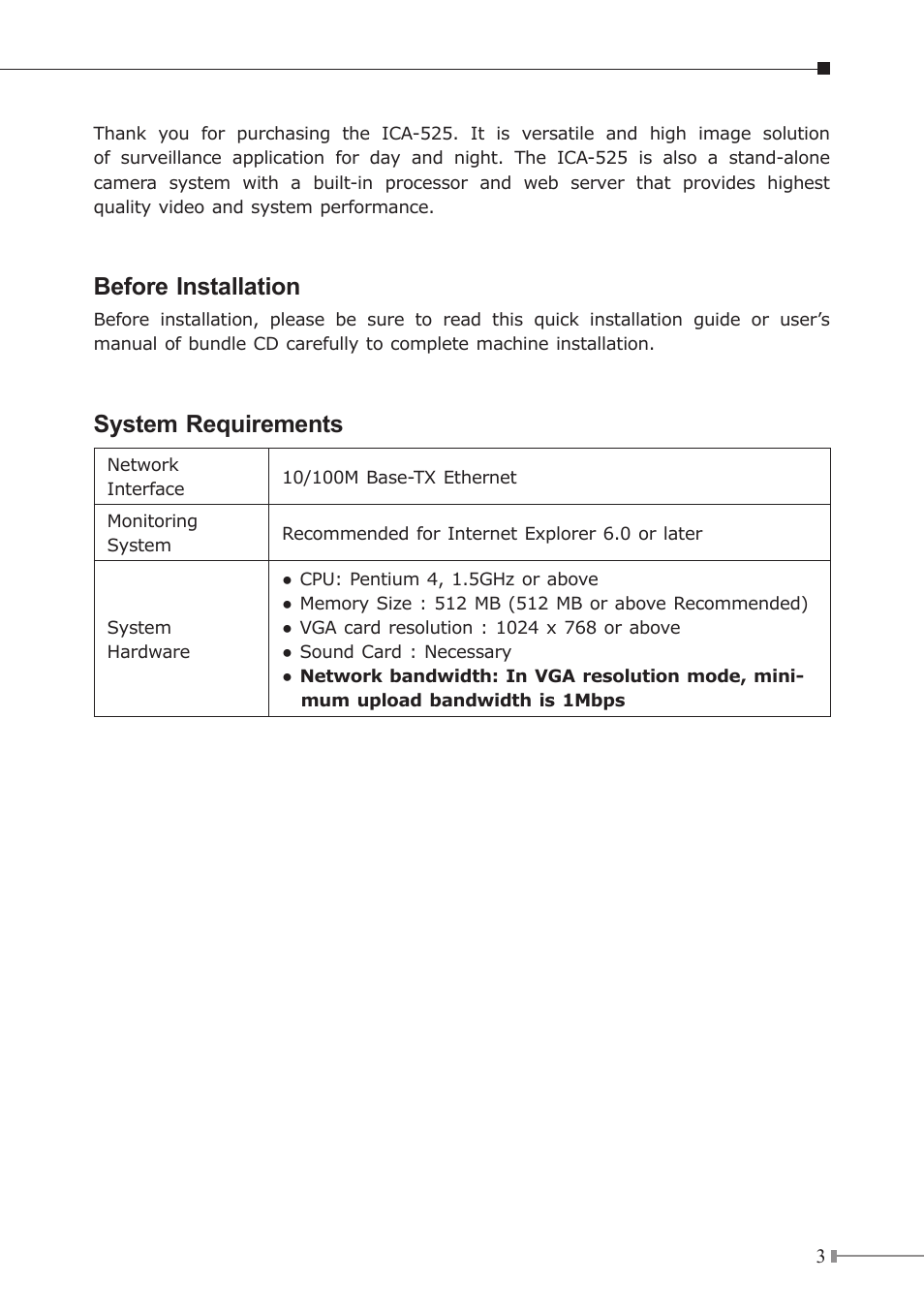 Before installation, System requirements | Planet Technology ICA-525 User Manual | Page 3 / 20
