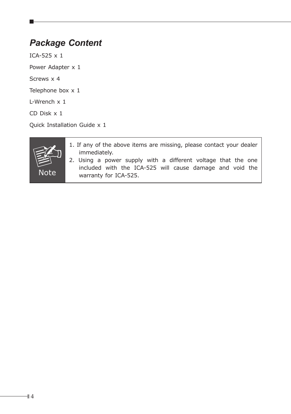 Package content | Planet Technology ICA-525 User Manual | Page 4 / 20