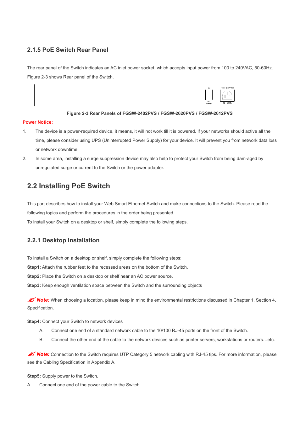 5 poe switch rear panel, 2 installing poe switch, 1 desktop installation | Planet Technology FGSW-2620PVS User Manual | Page 10 / 56