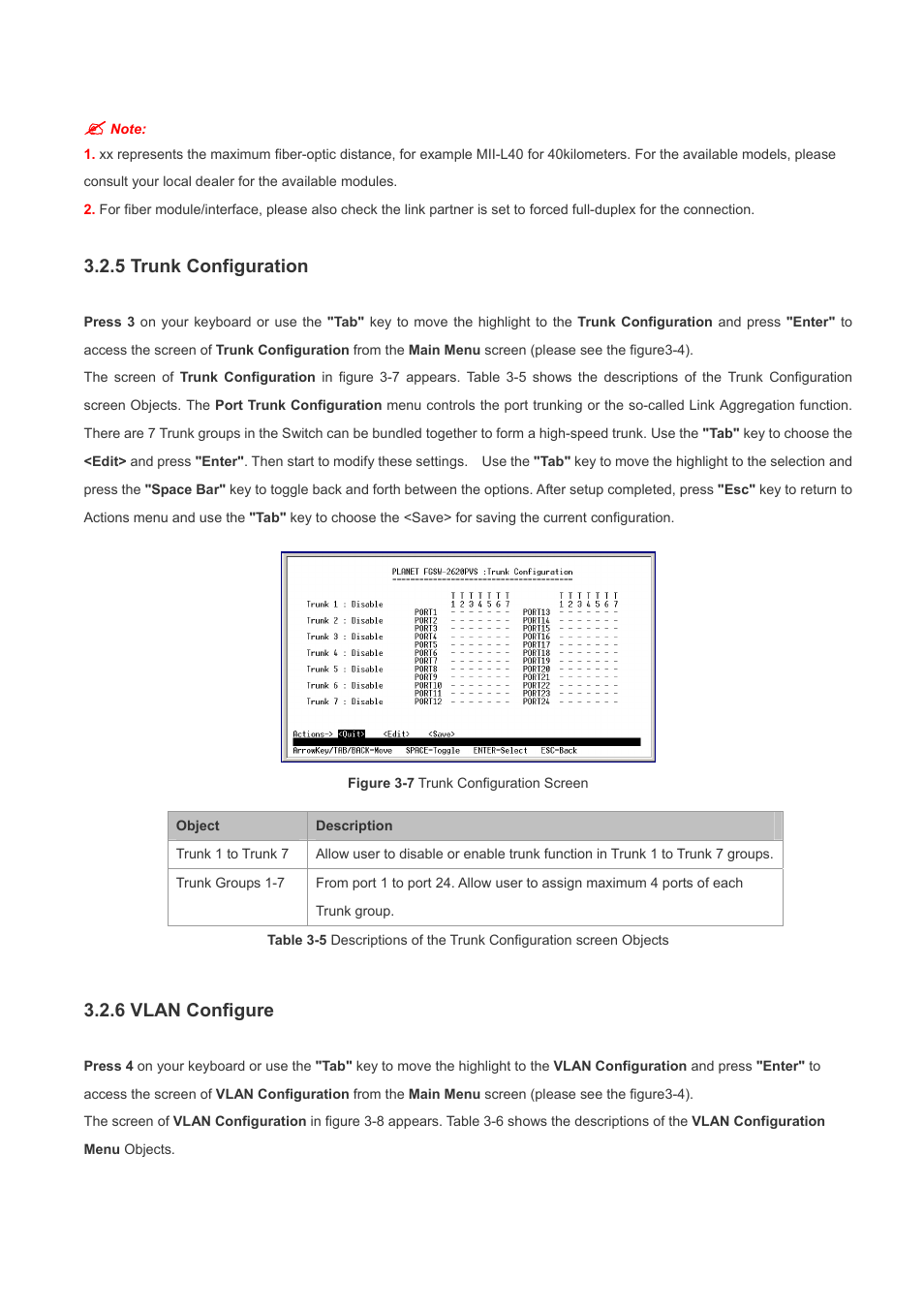 5 trunk configuration, 6 vlan configure | Planet Technology FGSW-2620PVS User Manual | Page 17 / 56