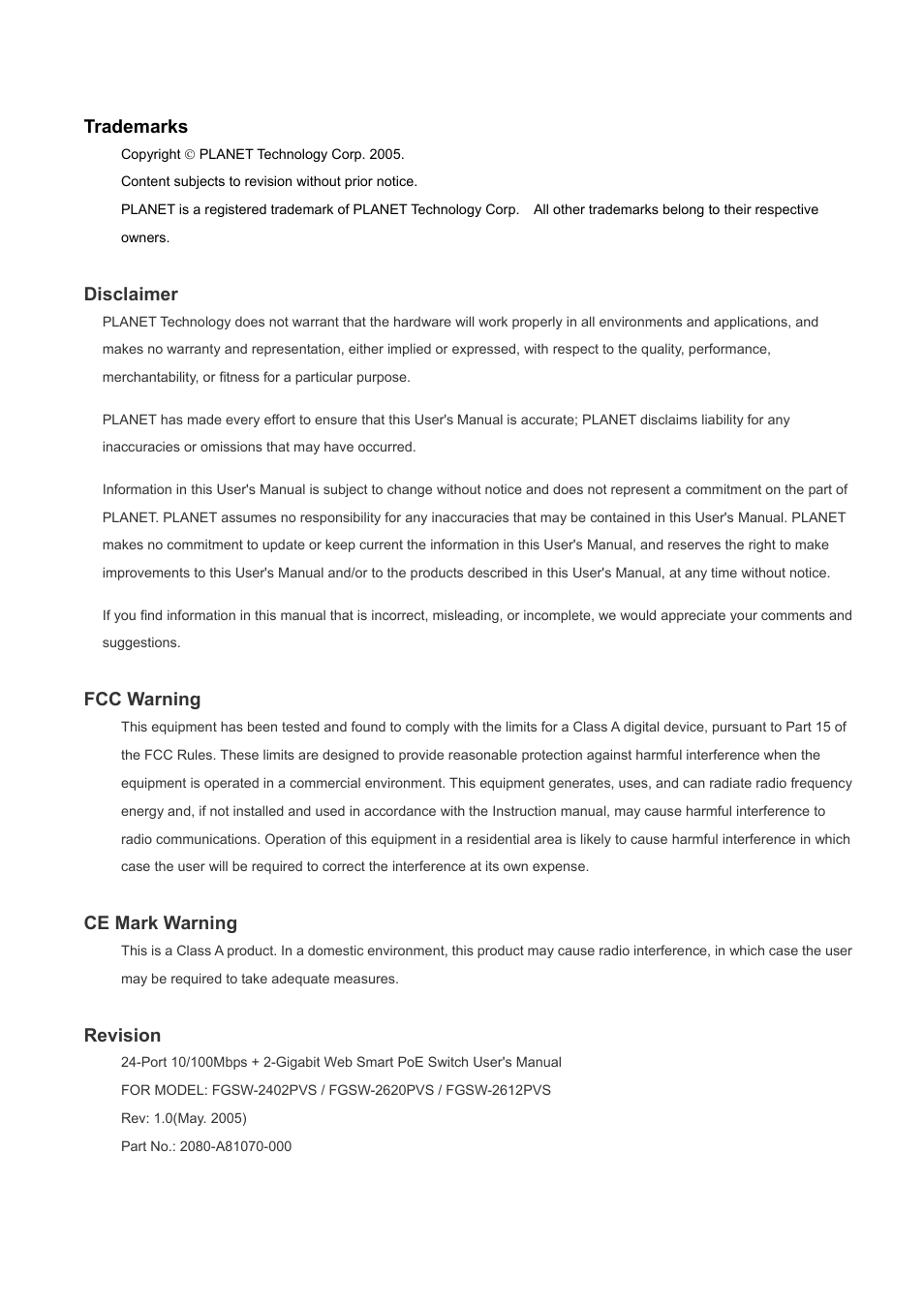 Trademarks, Disclaimer, Fcc warning | Ce mark warning, Revision | Planet Technology FGSW-2620PVS User Manual | Page 2 / 56