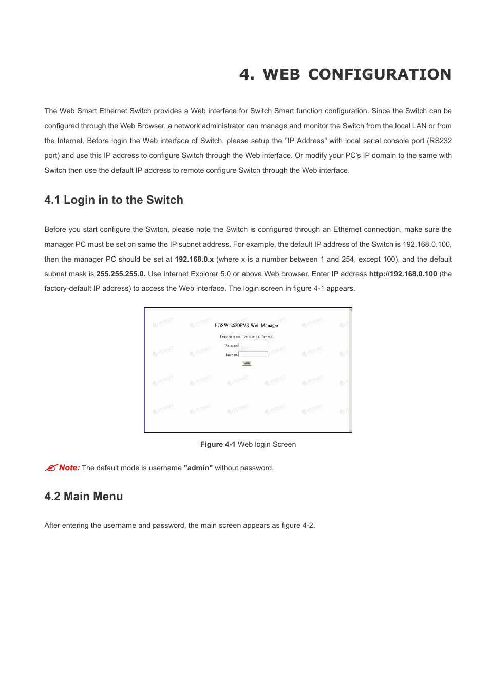 Web configuration, 1 login in to the switch, 2 main menu | Planet Technology FGSW-2620PVS User Manual | Page 35 / 56