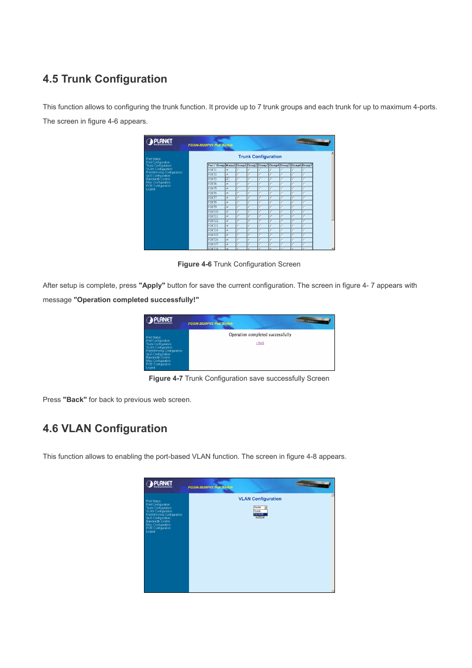 5 trunk configuration, 6 vlan configuration | Planet Technology FGSW-2620PVS User Manual | Page 38 / 56