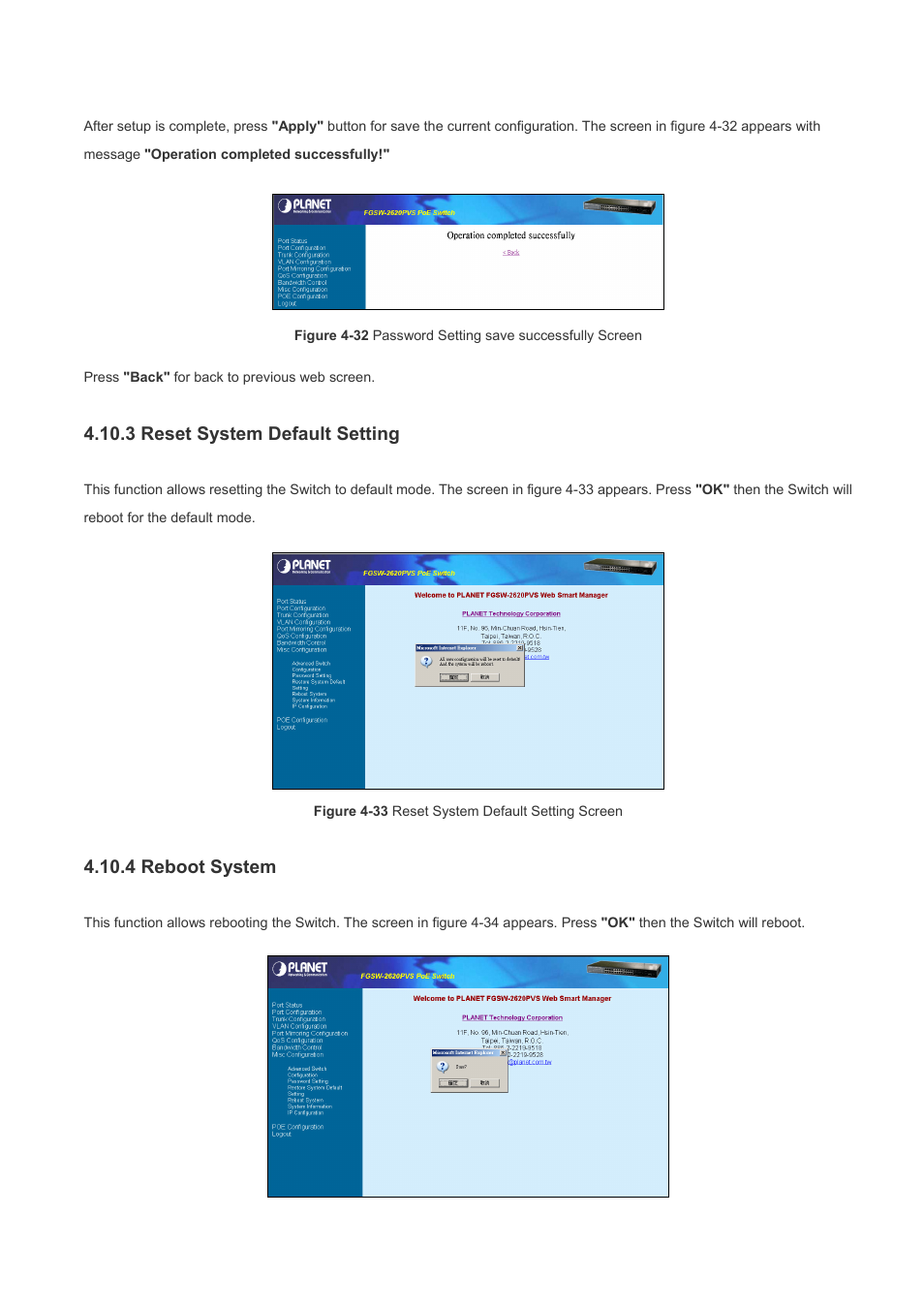 3 reset system default setting, 4 reboot system | Planet Technology FGSW-2620PVS User Manual | Page 48 / 56