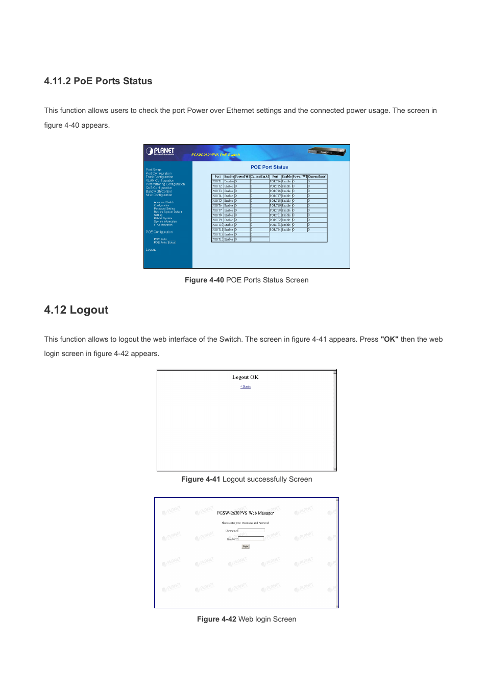 2 poe ports status, 12 logout | Planet Technology FGSW-2620PVS User Manual | Page 51 / 56