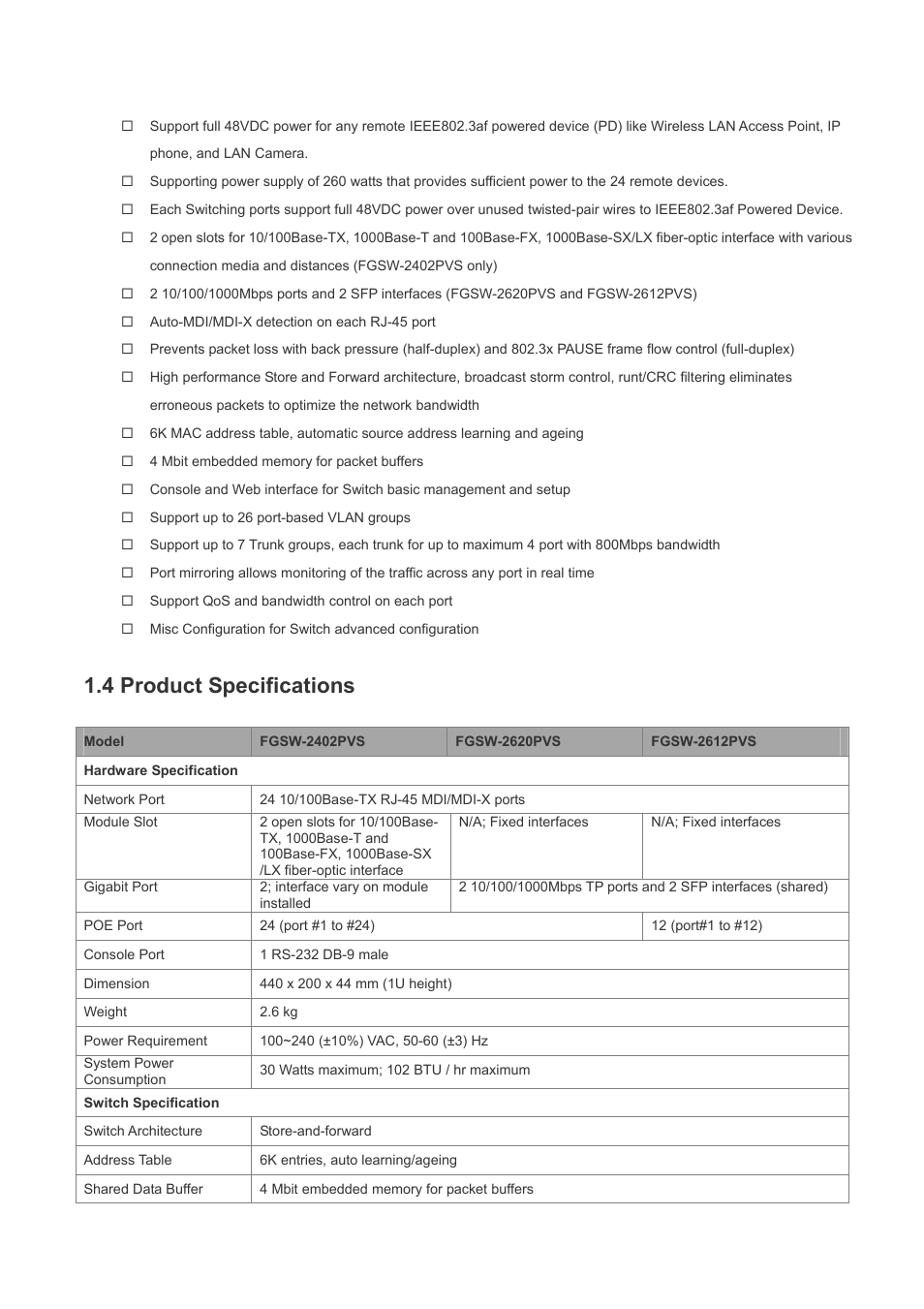 4 product specifications, Switch specification | Planet Technology FGSW-2620PVS User Manual | Page 6 / 56