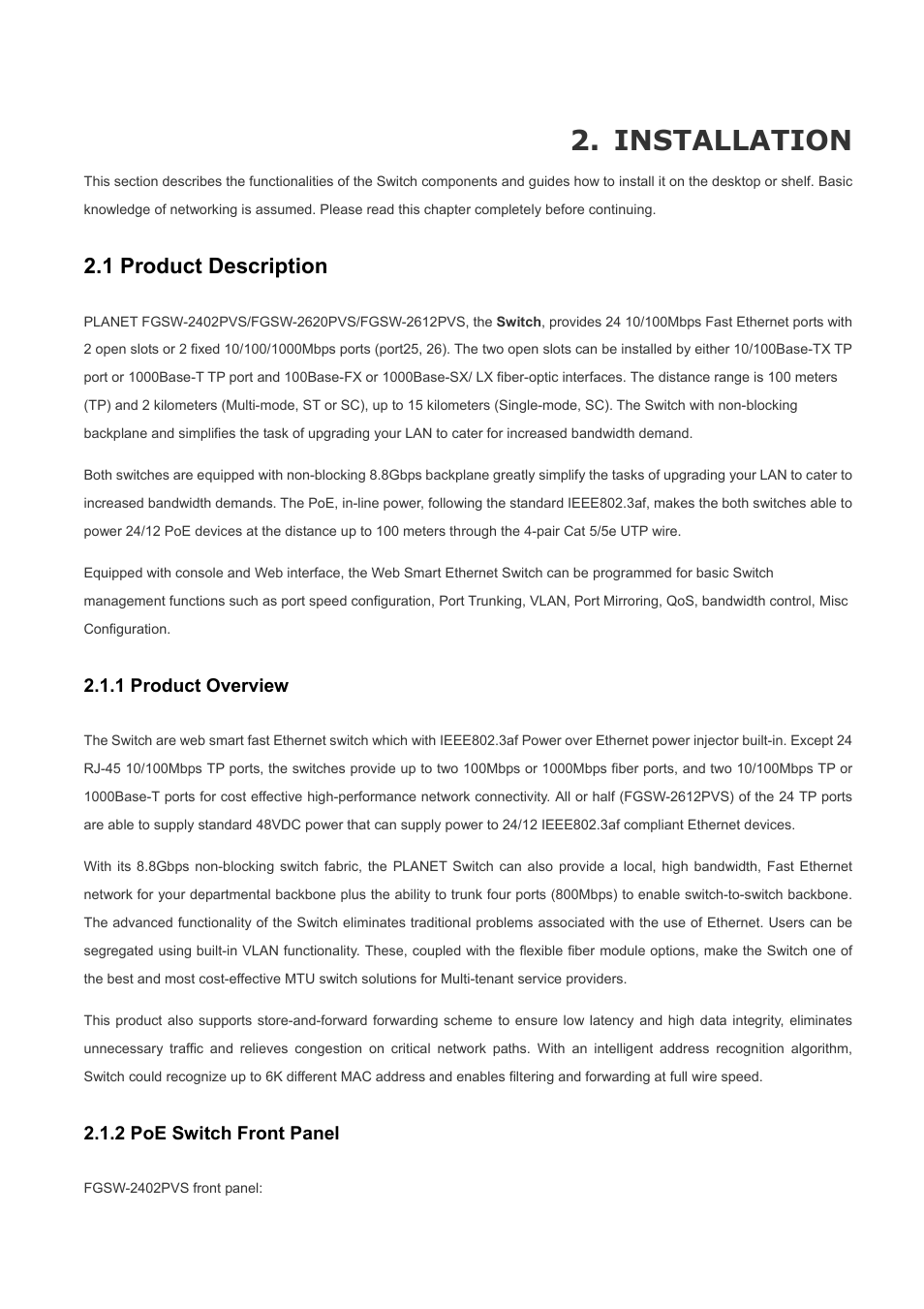 Installation, 1 product description, 1 product overview | 2 poe switch front panel | Planet Technology FGSW-2620PVS User Manual | Page 8 / 56