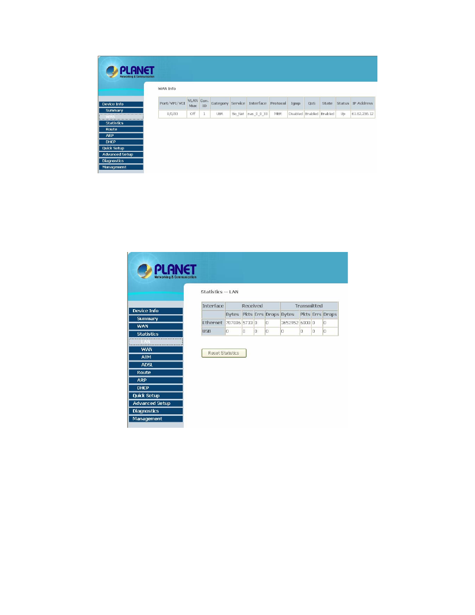 3 statistics -- lan, 4 statistics -- wan | Planet Technology ADSL 2/2+ Router with USB Port ADE-3410v2 User Manual | Page 21 / 62