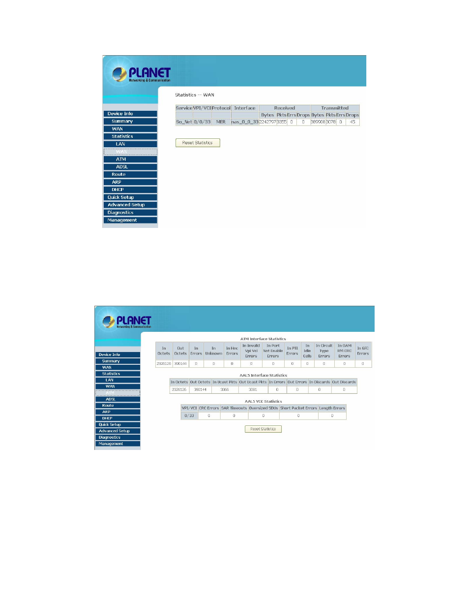 5 statistics -- atm, 6 statistics -- adsl | Planet Technology ADSL 2/2+ Router with USB Port ADE-3410v2 User Manual | Page 22 / 62