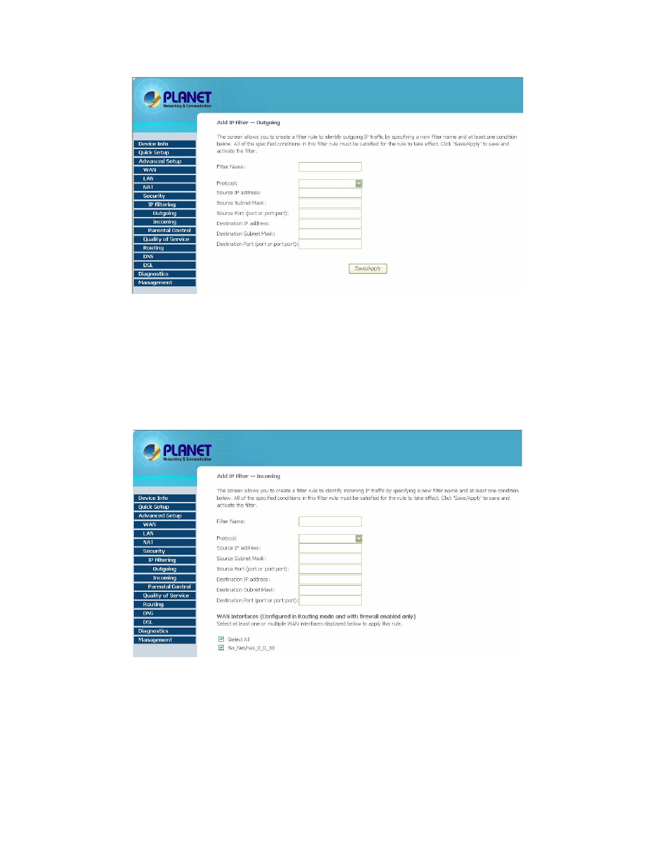 2 incoming ip filtering setup | Planet Technology ADSL 2/2+ Router with USB Port ADE-3410v2 User Manual | Page 42 / 62