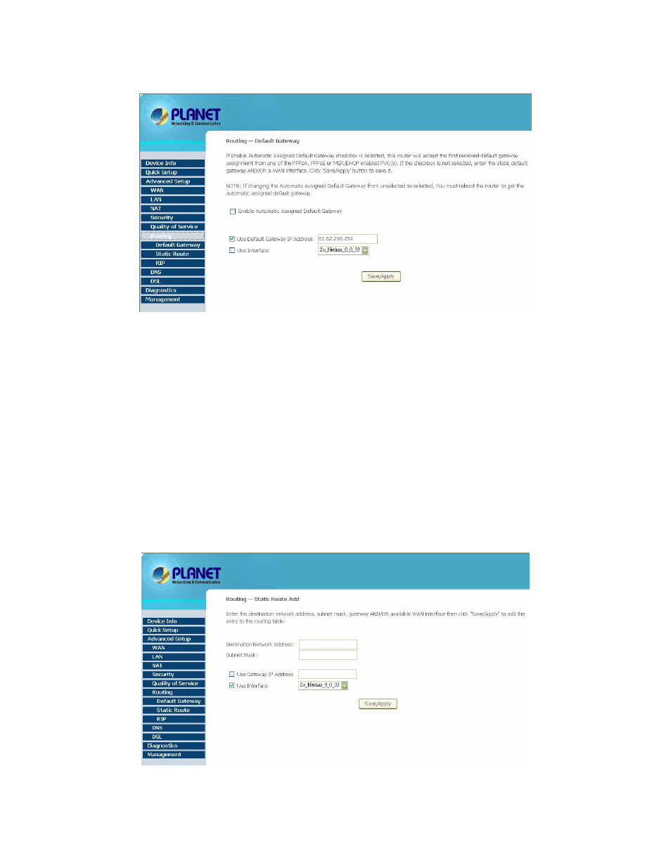 2 routing – static route | Planet Technology ADSL 2/2+ Router with USB Port ADE-3410v2 User Manual | Page 44 / 62