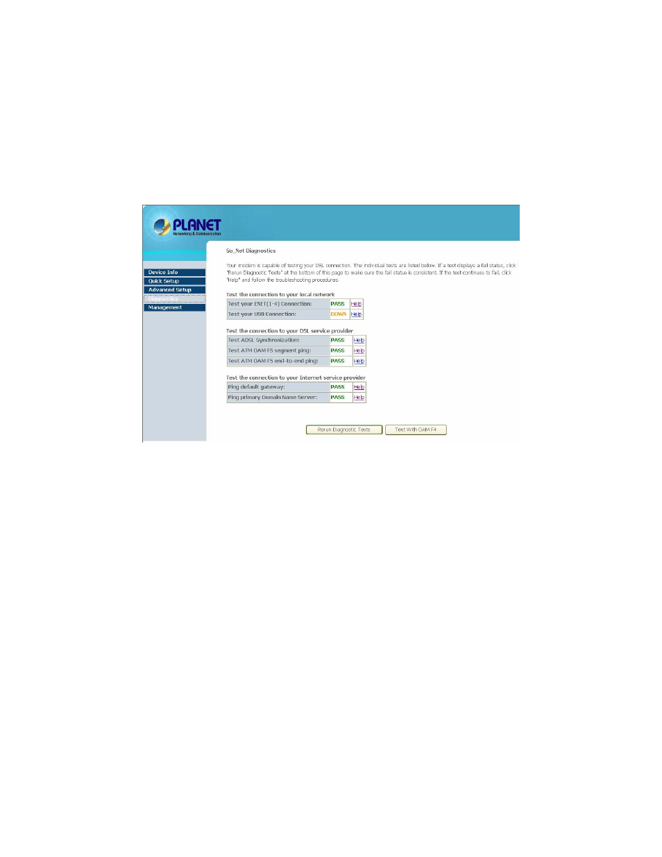 6 diagnostics, 7 management, 1 settings | Planet Technology ADSL 2/2+ Router with USB Port ADE-3410v2 User Manual | Page 47 / 62