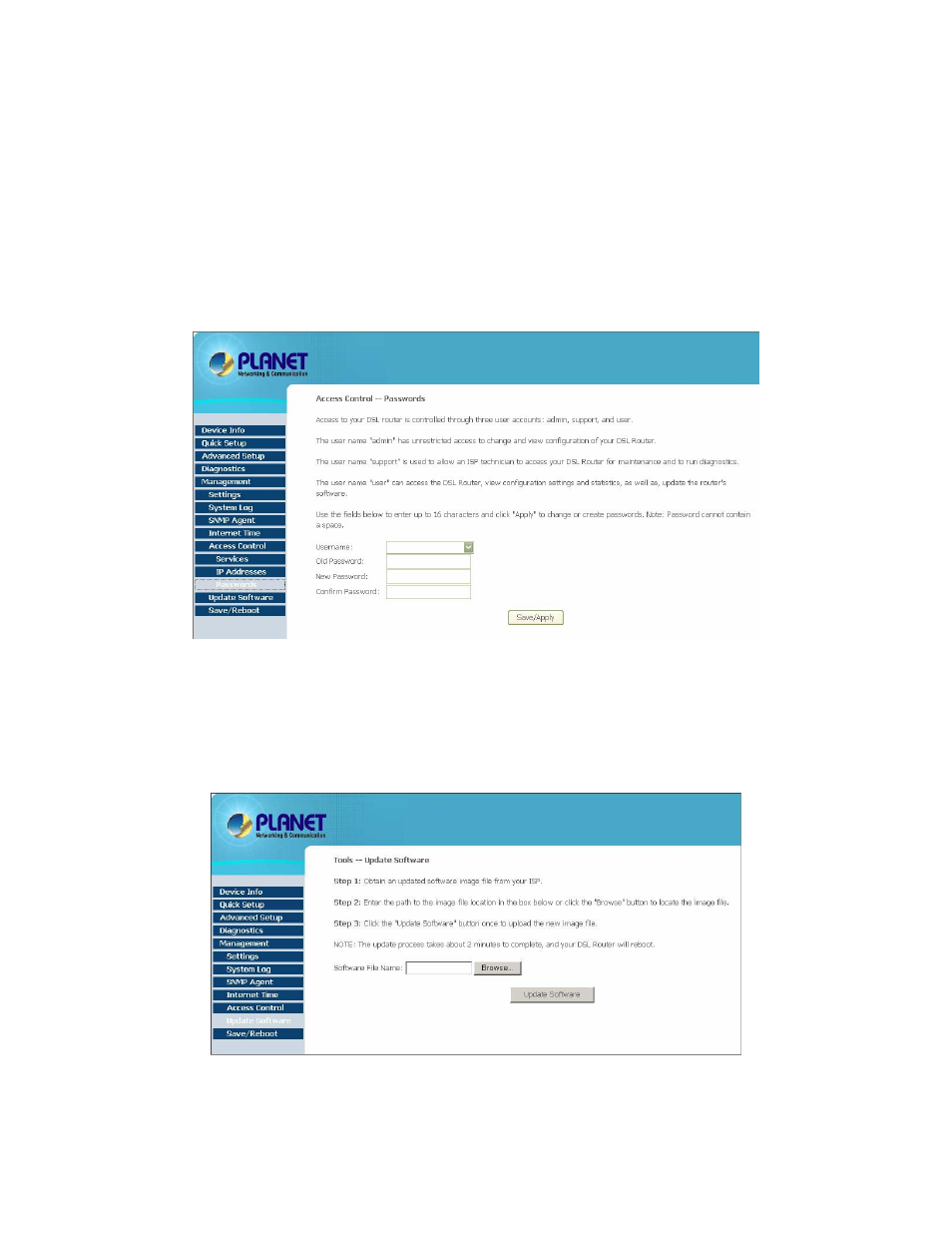 5 update software, 3 access control – passwords | Planet Technology ADSL 2/2+ Router with USB Port ADE-3410v2 User Manual | Page 52 / 62