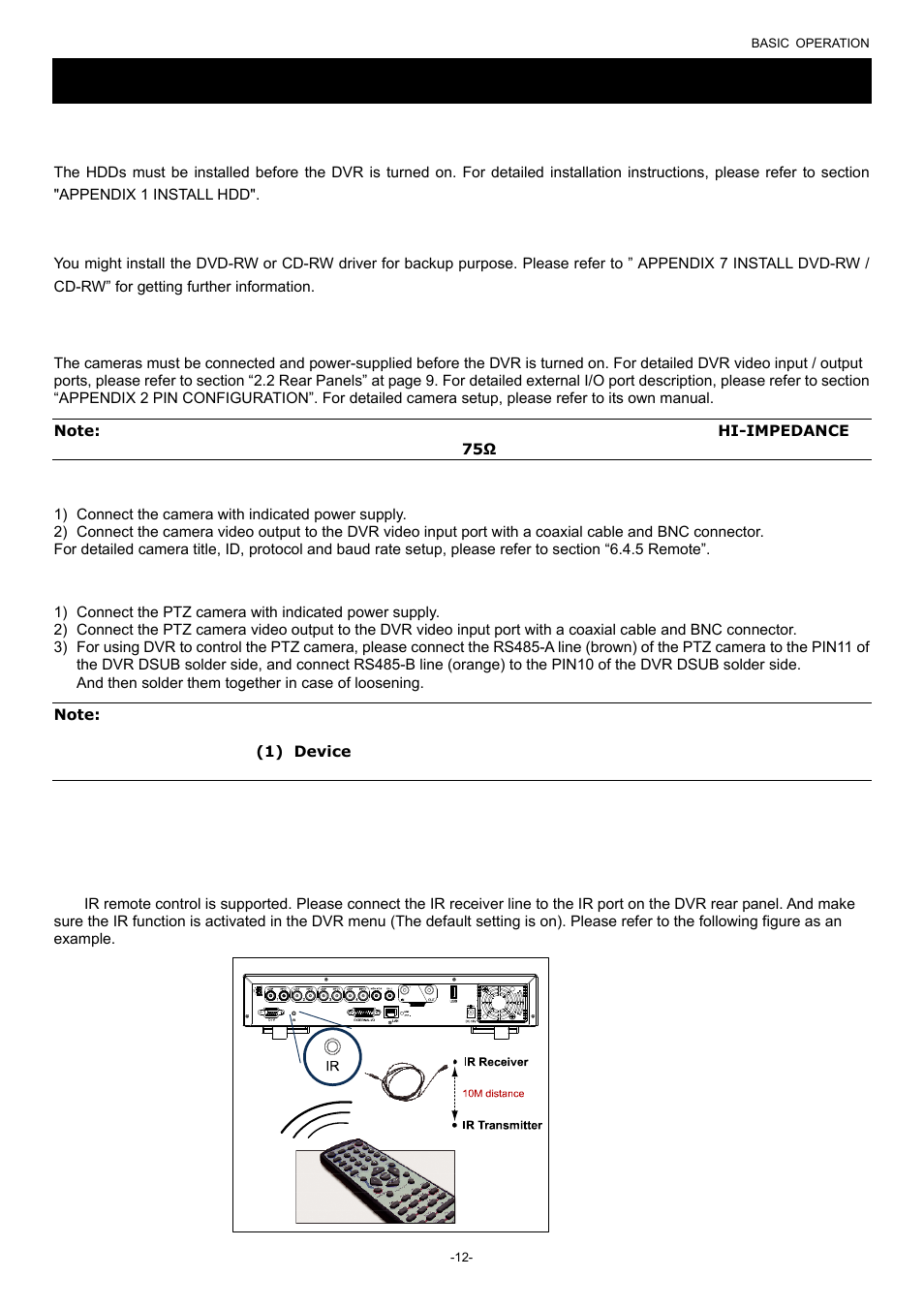 Connections and setup, 1 install hdd, 2 install dvd-rw / cd-rw (for dvr-860 only) | 3 camera connection, 1 normal camera connection, 2 ptz camera connection, 4 external device connections, 1 ir transmitter, Connections and setup 3.1 install hdd | Planet Technology DVR-860 User Manual | Page 18 / 79