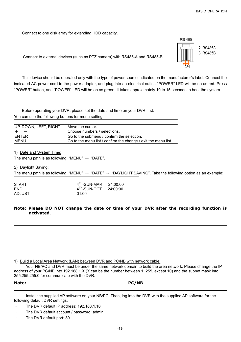 2 disk array (dvr-860 only), 3 rs-485 (dvr-860 only), 5 dvr power setup | 6 date and time setting, 7 lan or internet setup, 1 static ip | Planet Technology DVR-860 User Manual | Page 19 / 79