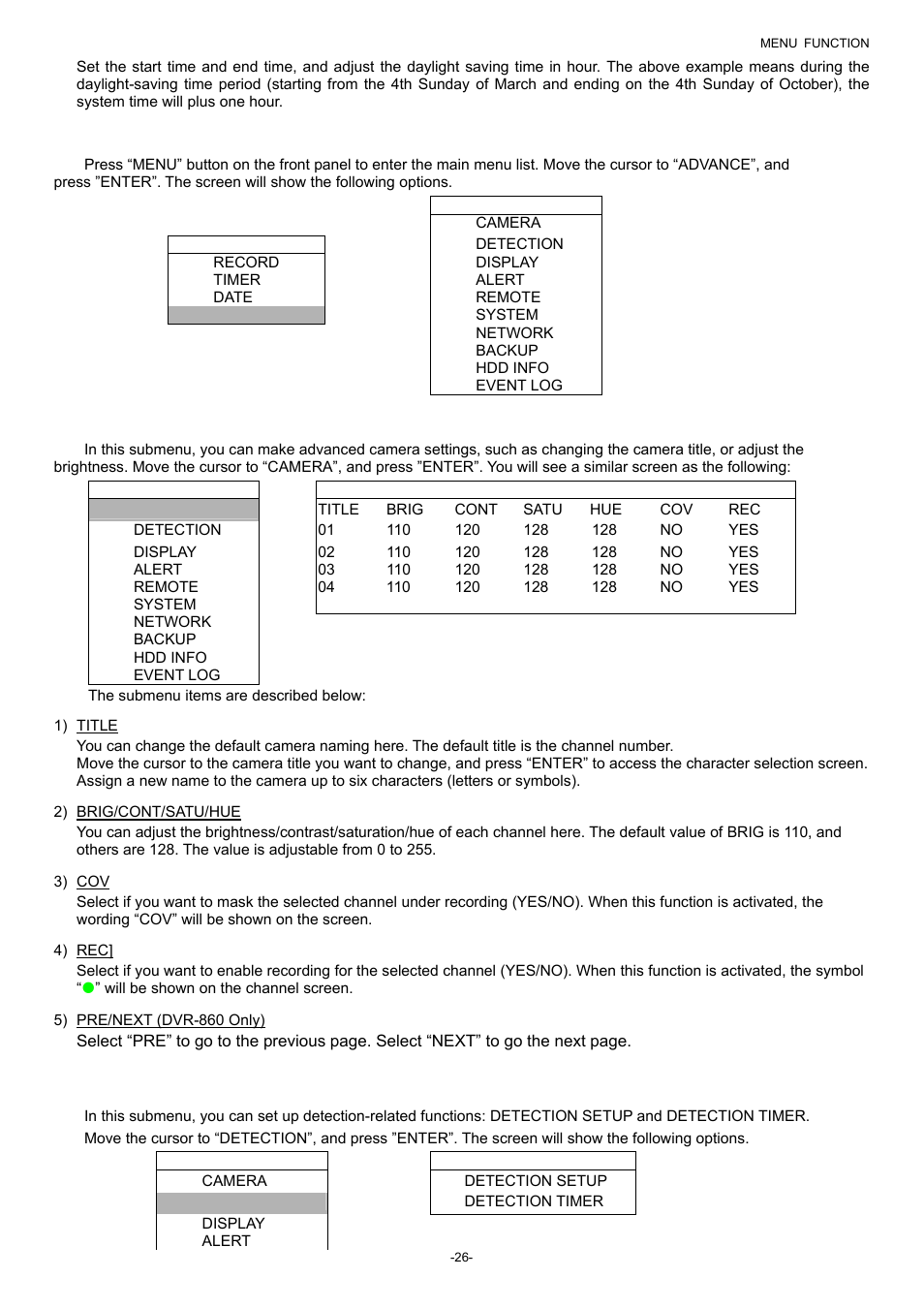 4 advance, 1 camera, 2 detection | Planet Technology DVR-860 User Manual | Page 32 / 79