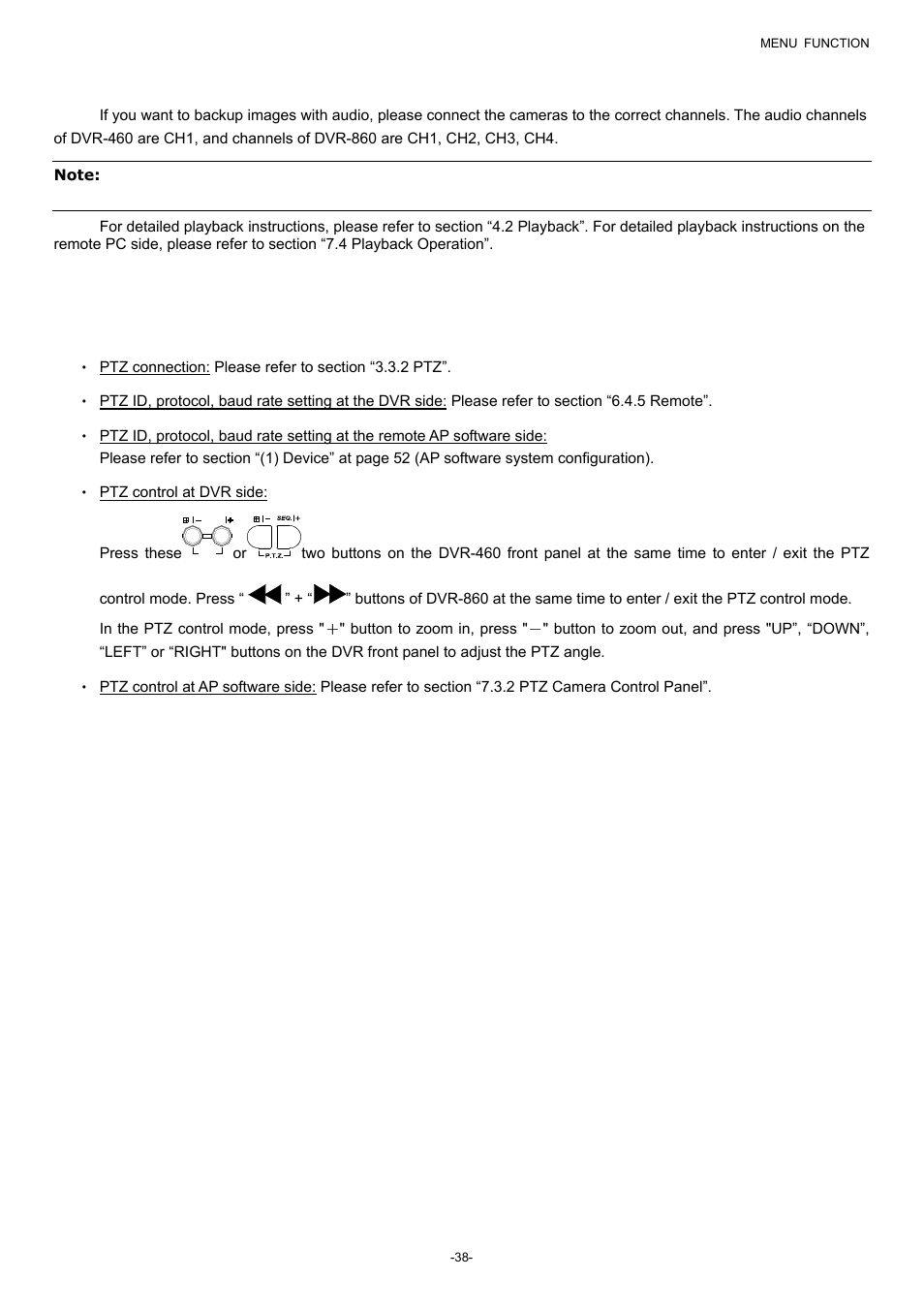 4 audio backup and playback, 5 ptz camera setup and control, R to section “6.6.5 ptz camera setup and contro | Planet Technology DVR-860 User Manual | Page 44 / 79