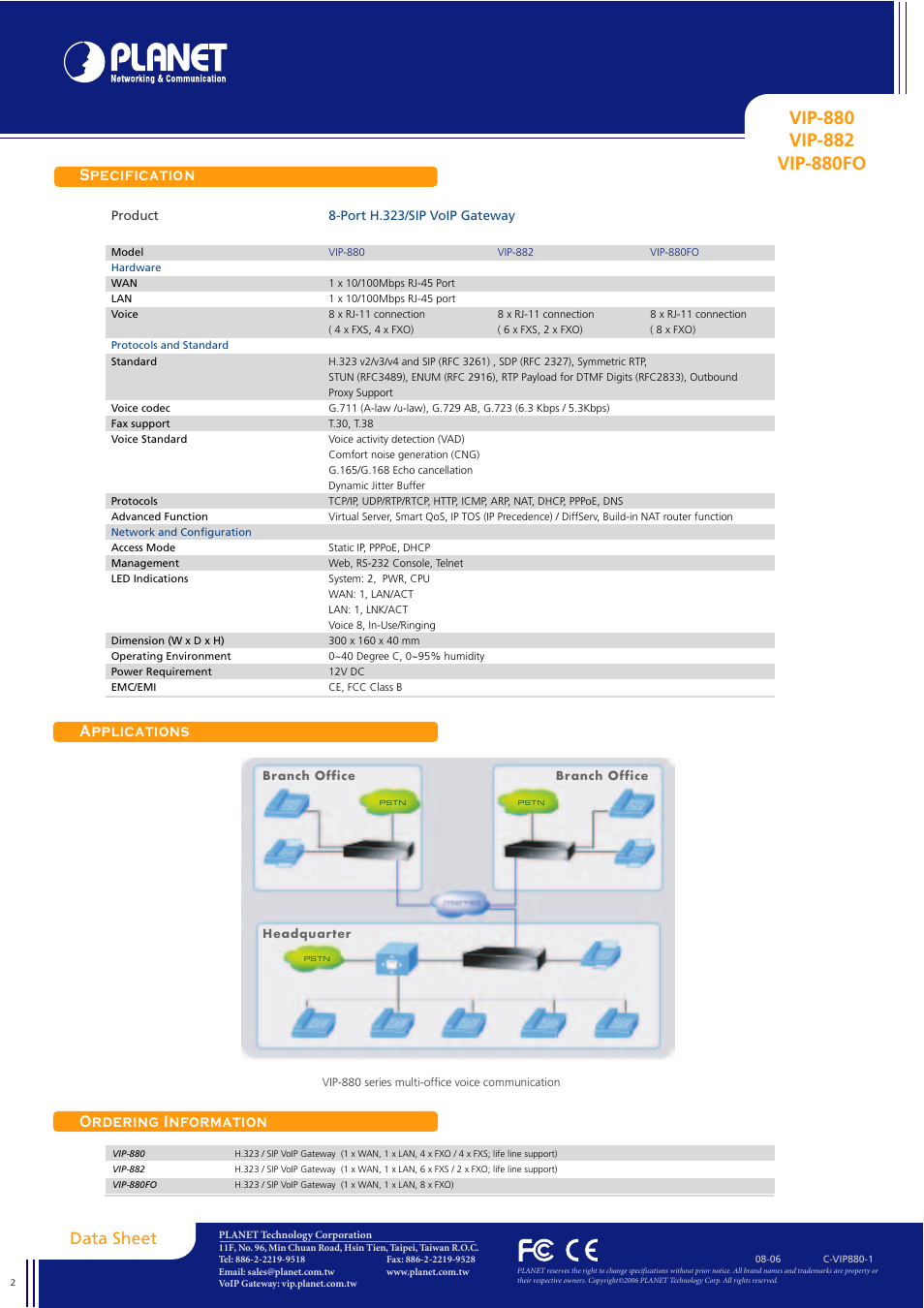 Specification applications ordering information, Data sheet | Planet Technology VIP-882 User Manual | Page 2 / 2