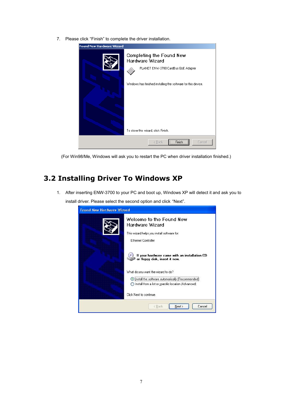 2 installing driver to windows xp | Planet Technology ENW-3700 User Manual | Page 10 / 16