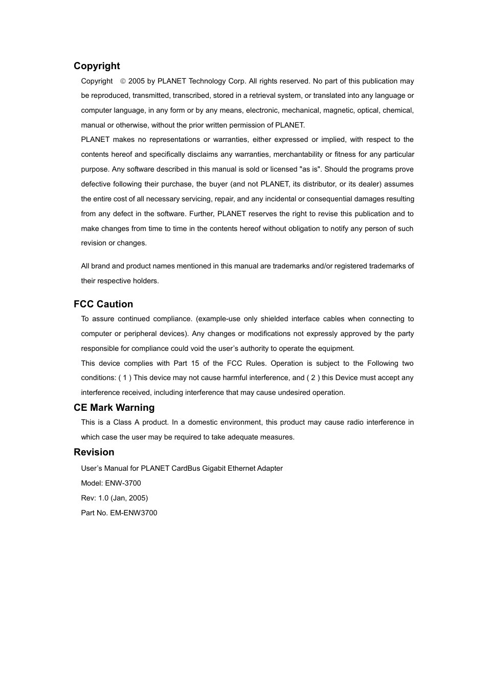Copyright, Fcc caution, Ce mark warning | Revision | Planet Technology ENW-3700 User Manual | Page 2 / 16