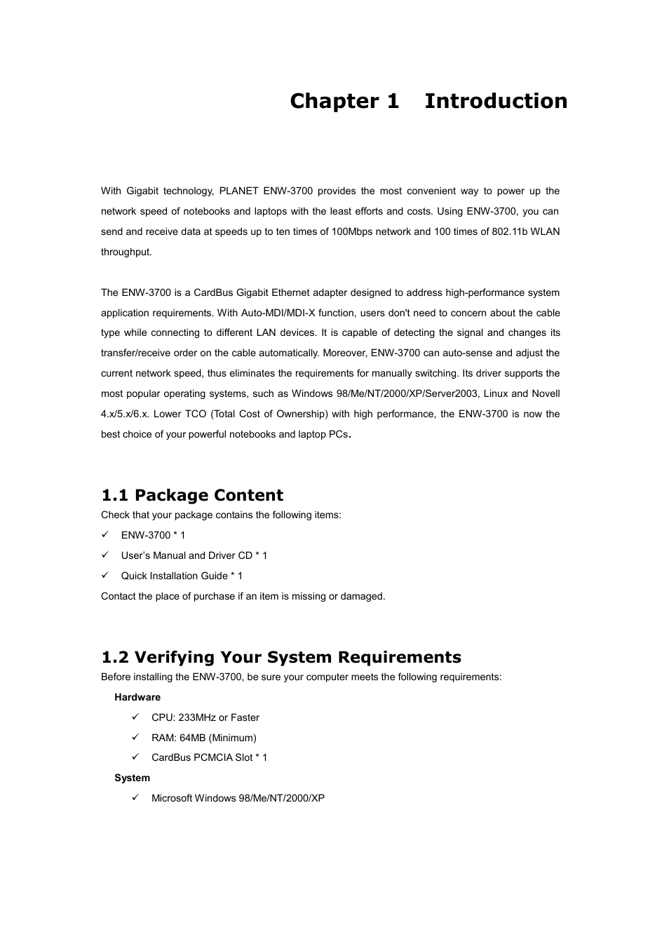 Chapter 1 introduction, 1 package content, 2 verifying your system requirements | Planet Technology ENW-3700 User Manual | Page 4 / 16