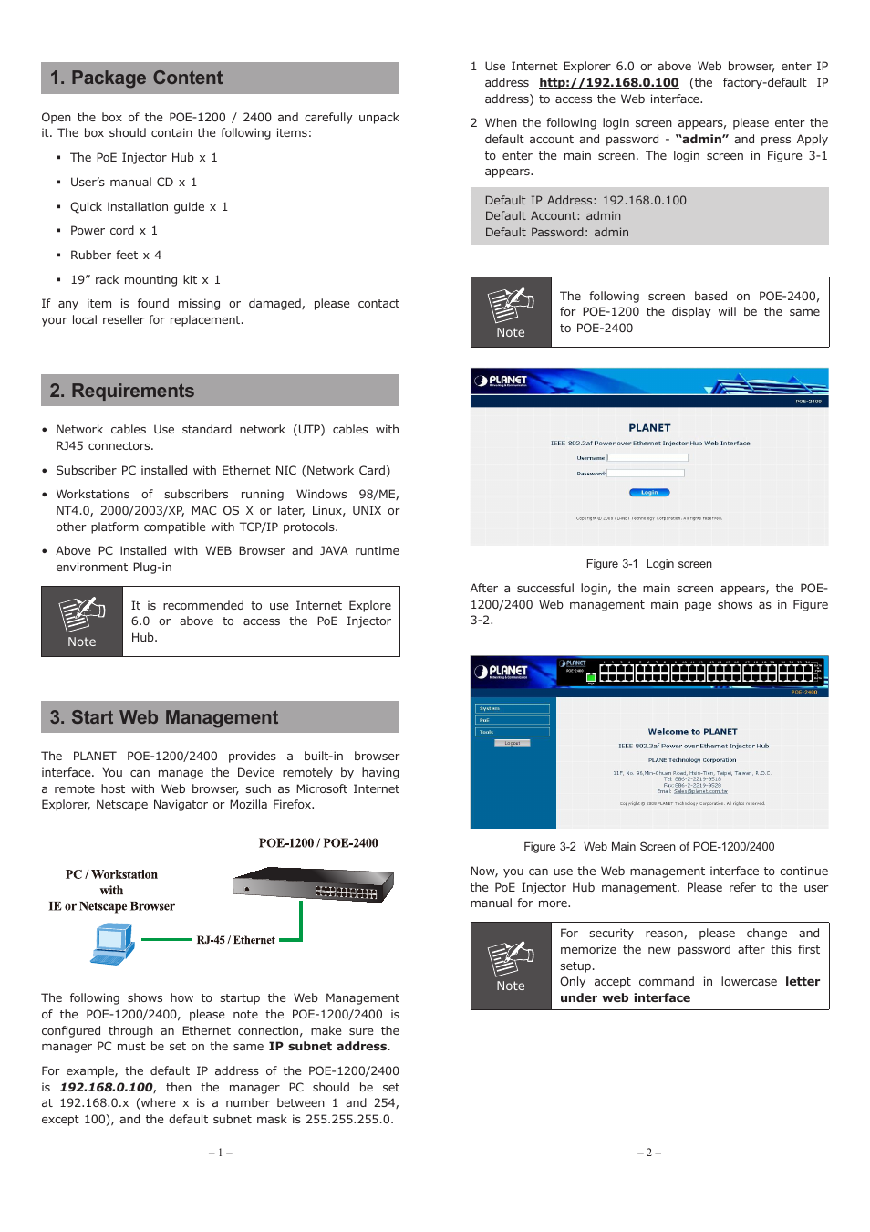 Package content, Requirements, Start web management | Planet Technology Port PoE Injector Hub POE-1224 User Manual | Page 4 / 8