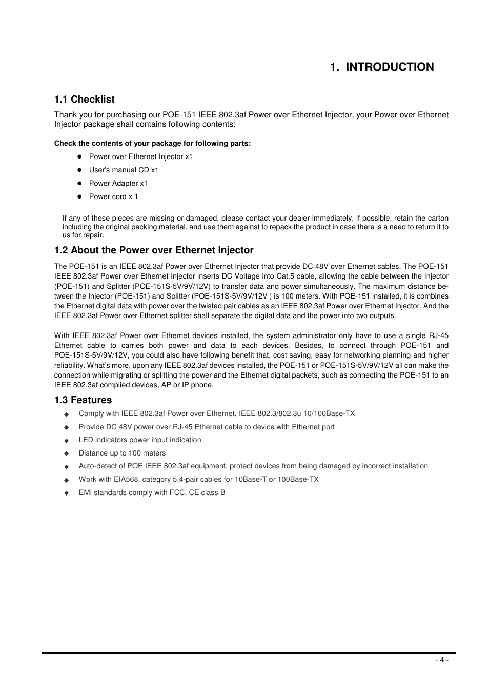 Introduction, 1 checklist, 2 about the power over ethernet injector | 3 features | Planet Technology POE-151 User Manual | Page 4 / 10