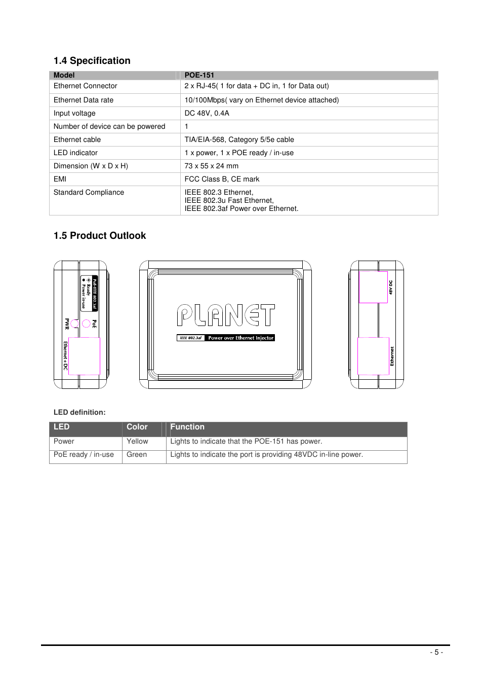 4 specification, 5 product outlook | Planet Technology POE-151 User Manual | Page 5 / 10
