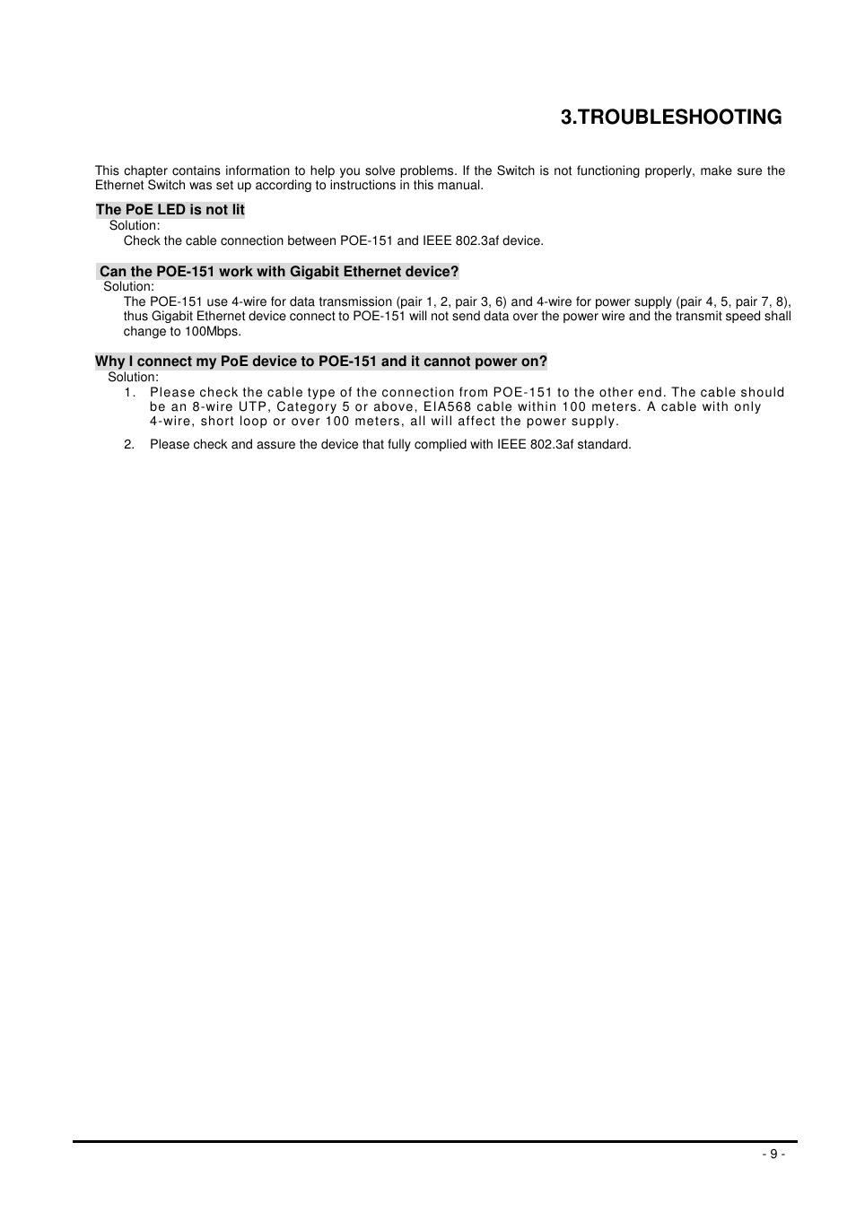 Troubleshooting | Planet Technology POE-151 User Manual | Page 9 / 10