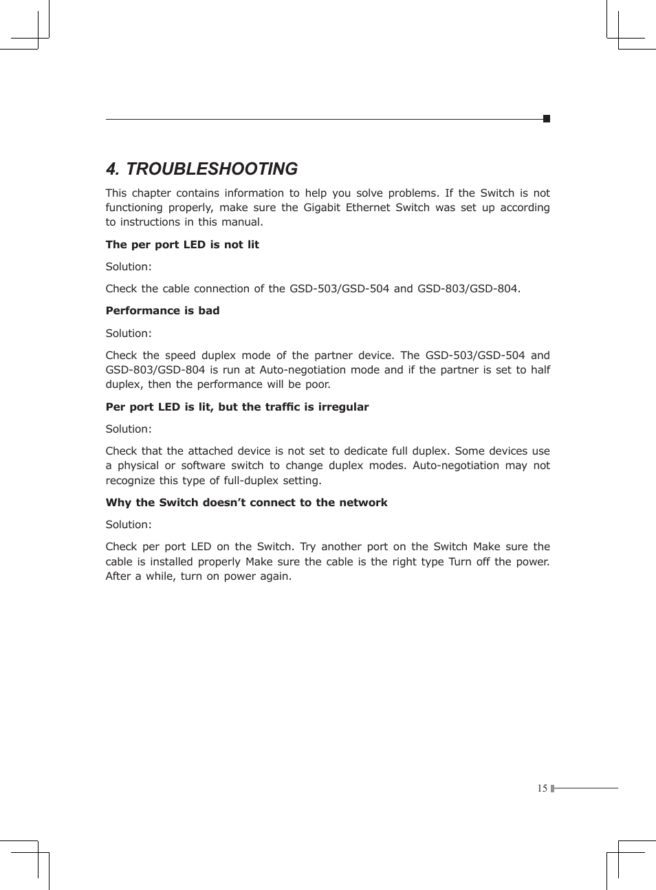 Troubleshooting | Planet Technology GSD-Series User Manual | Page 15 / 20