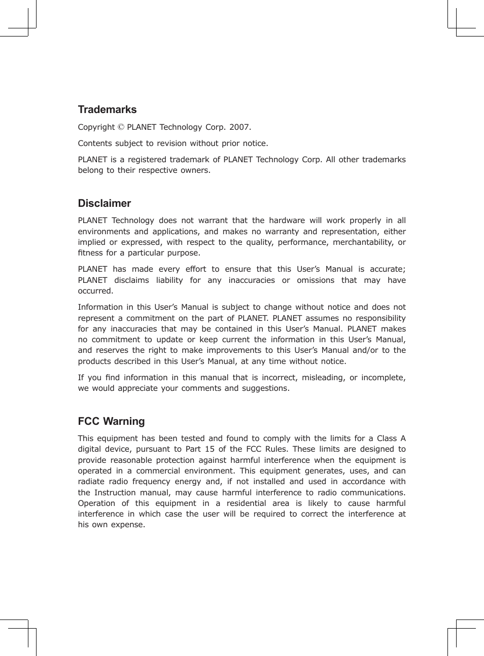 Trademarks, Disclaimer, Fcc warning | Planet Technology GSD-Series User Manual | Page 2 / 20